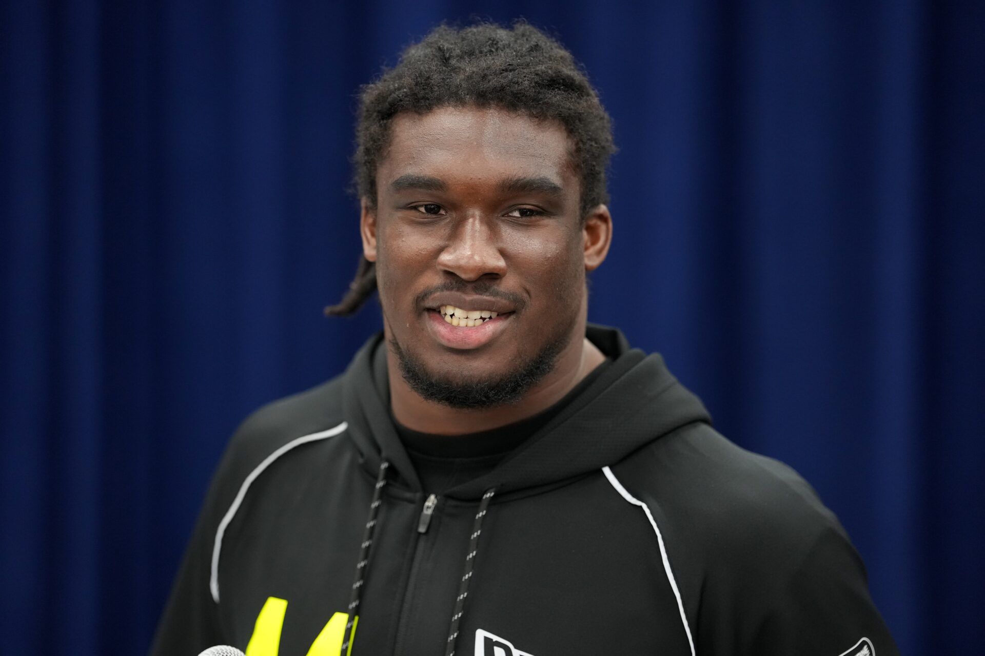 Illinois defensive lineman Gabe Jacas (DL44) speaks during the NFL Scouting Combine at the Indiana Convention Center.