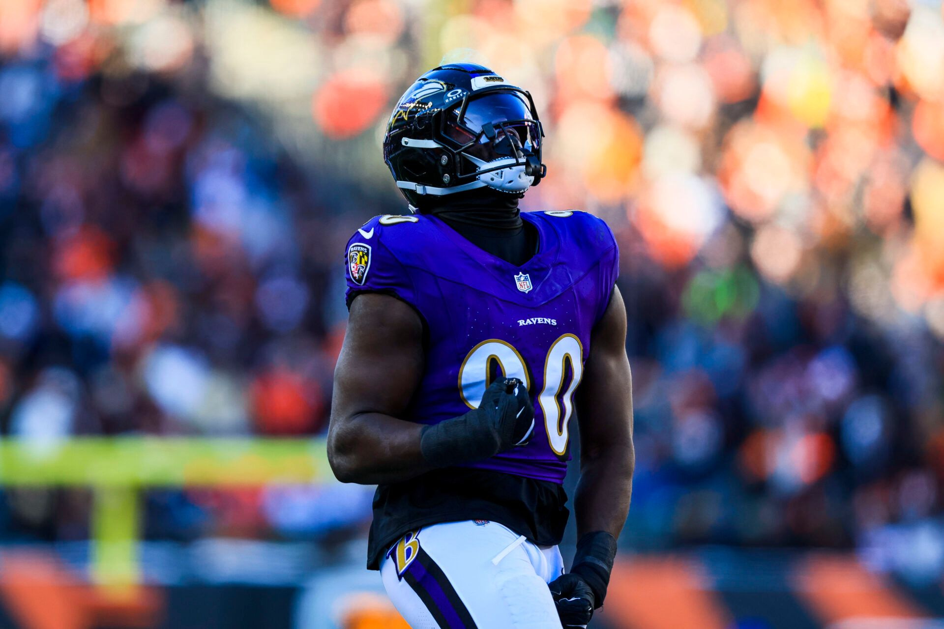 Baltimore Ravens linebacker David Ojabo (90) reacts after a play in the first half against the Cincinnati Bengals at Paycor Stadium.