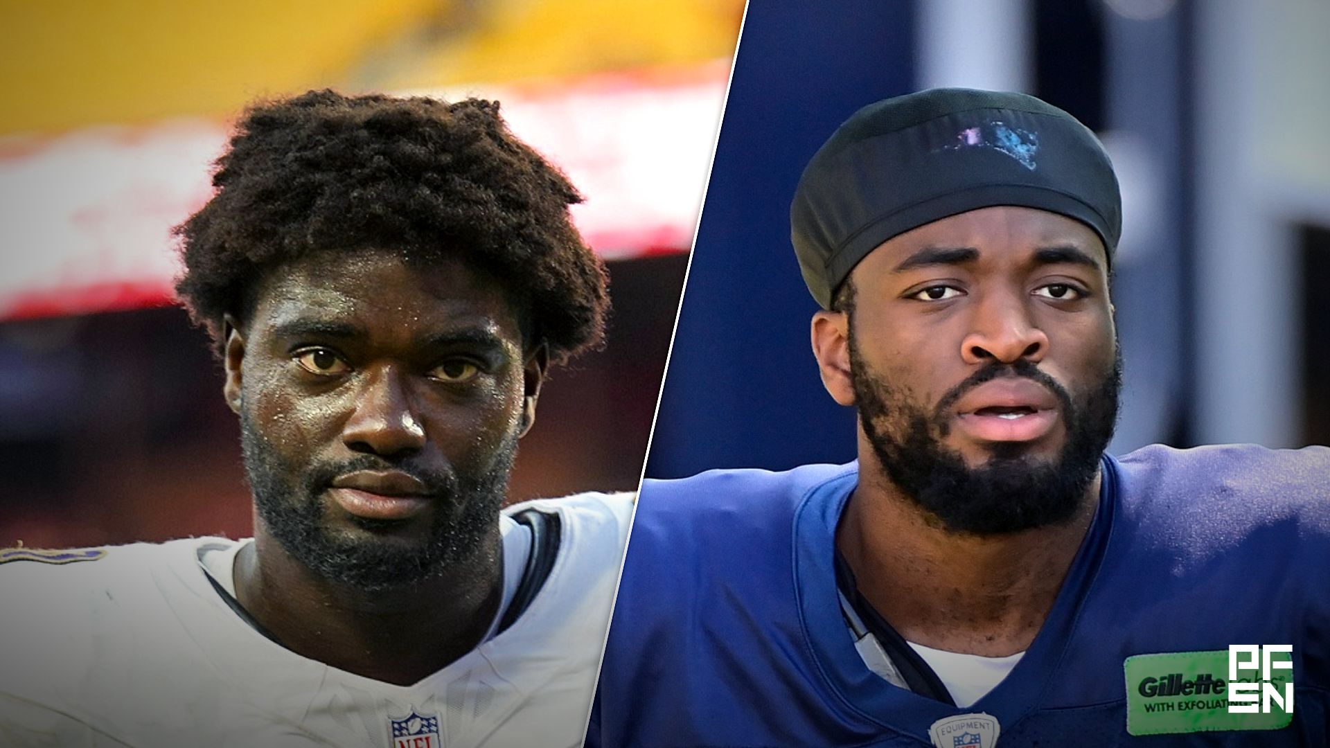 Caption:
Aug 2, 2023; Foxborough, MA, USA; New England Patriots linebacker Josh Uche (55) heads to the practice fields at Gillette Stadium. Mandatory Credit: Eric Canha-Imagn Images

NFL Baltimore Ravens linebacker David Ojabo
Credit:
© Jay Biggerstaff-Imagn Images