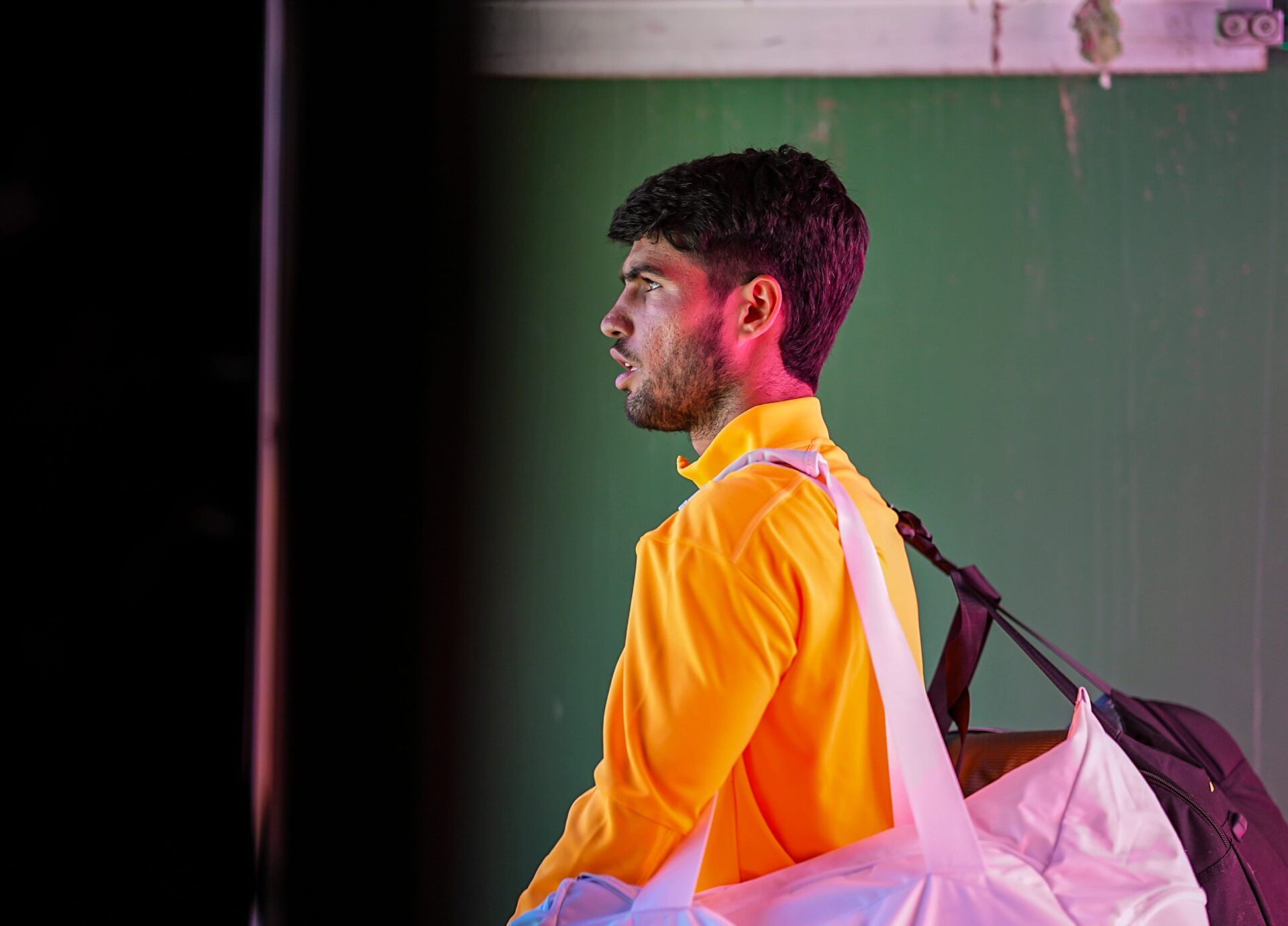 Carlos Alcaraz waits to be announced an take the court of Stadium 1 for his semifinal match against Daniil Medvedev at the BNP Paribas Open in Indian Wells, Calif., Saturday, March 14, 2026.