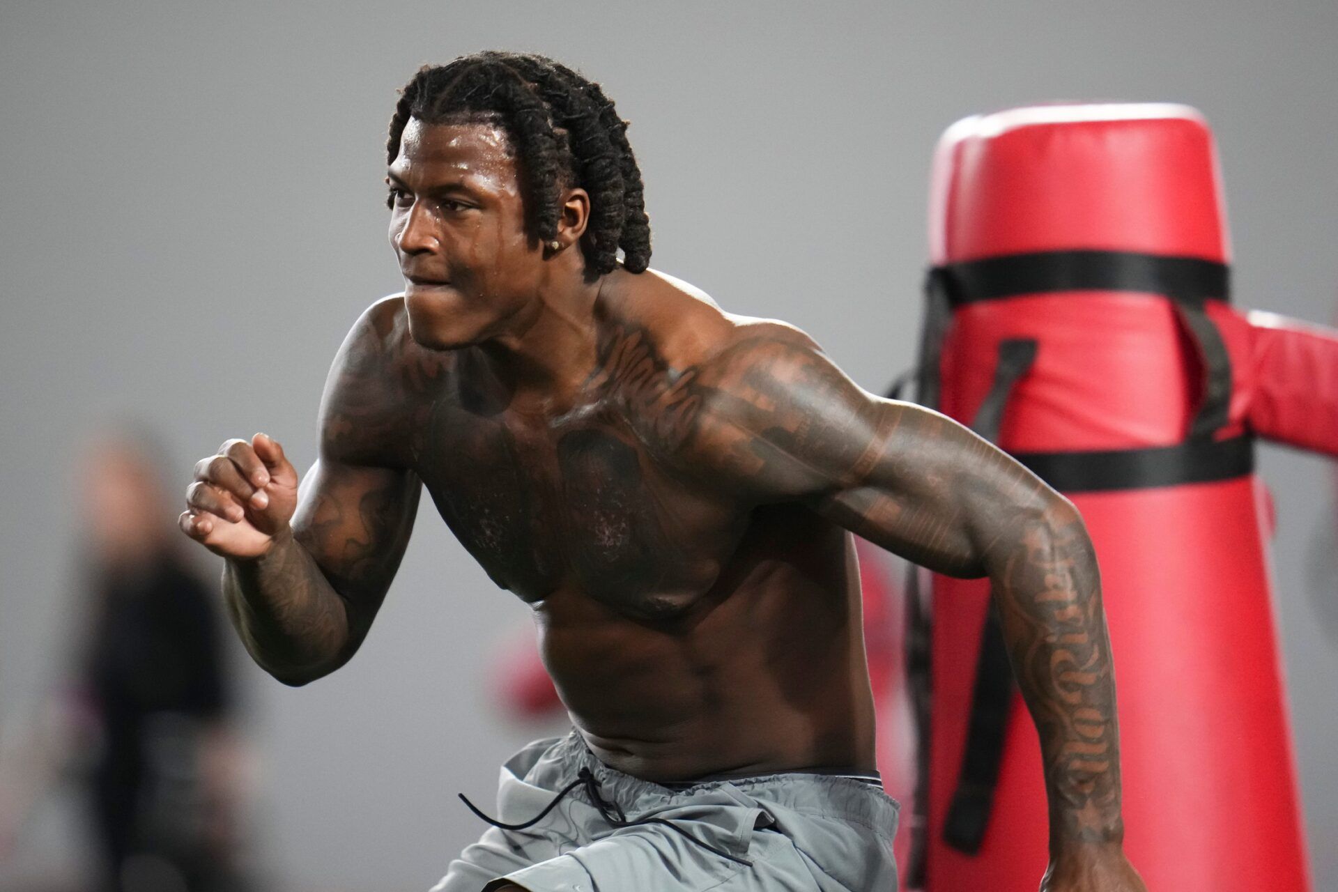 Ohio State Buckeyes linebacker Arvell Reese runs a drill during Pro Day for NFL scouts at the Woody Hayes Athletics Center on March 25, 2026.
