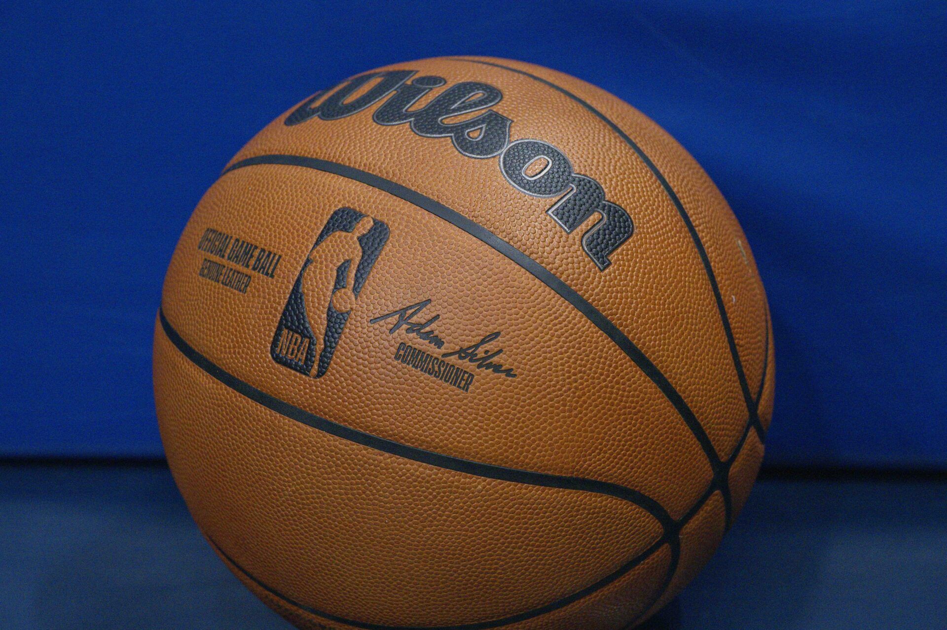 A view a Wilson NBA basketball and logo during the game between the Mavericks and the Spurs at the American Airlines Center.