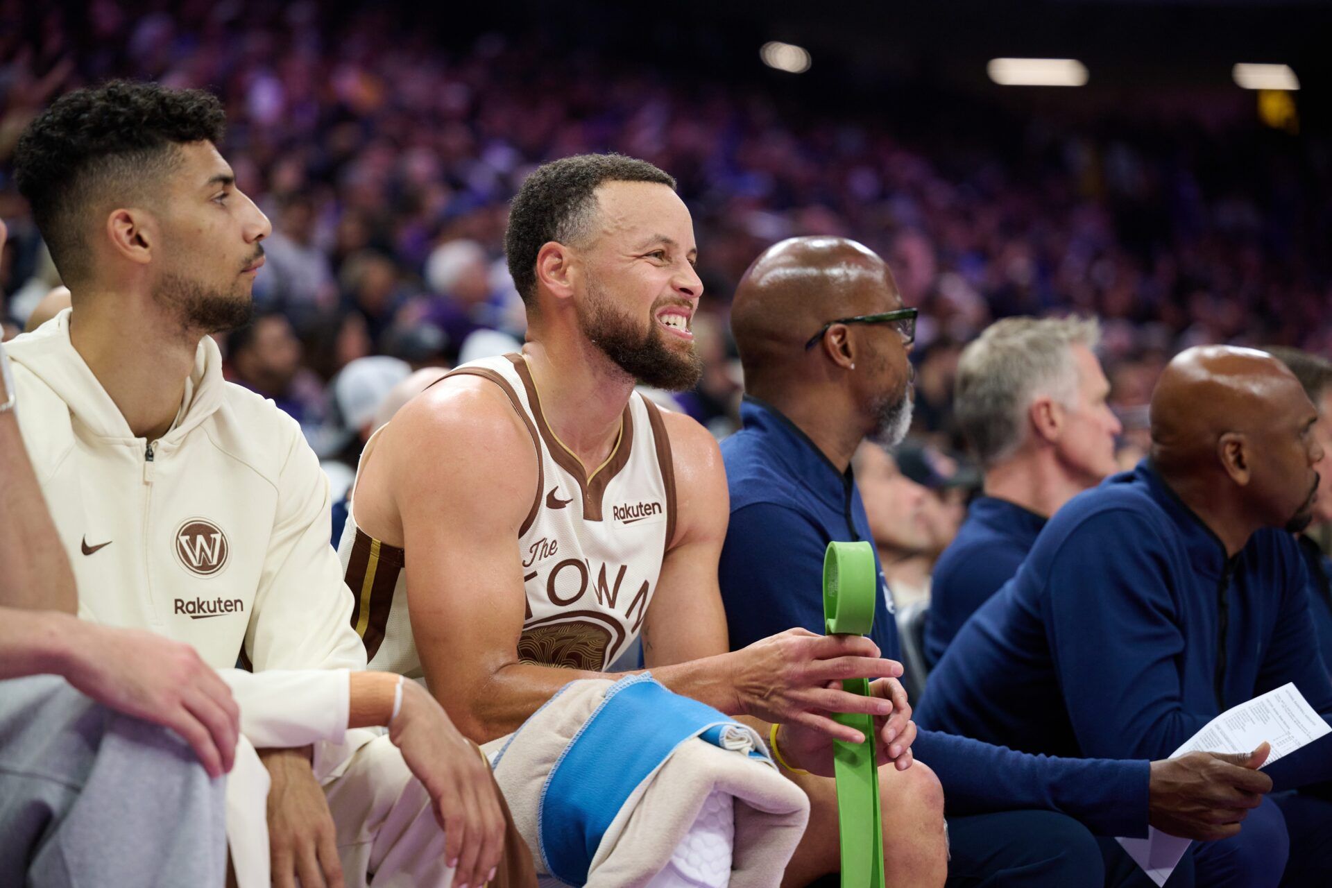 Golden State Warriors guard Stephen Curry (30) reacts on the bench against the Sacramento Kings during the second quarter at Golden 1 Center.