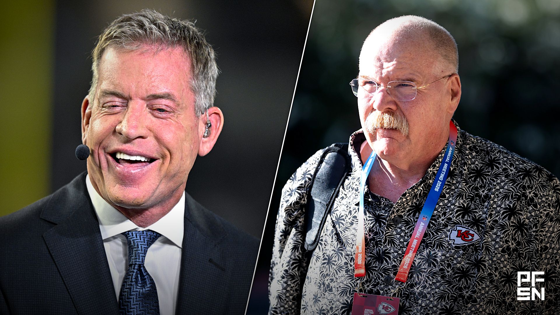 Kansas City Chiefs head coach Andy Reid during the 2026 NFL Annual League Meeting at the Arizona Biltmore. Mandatory Credit: Mark J. Rebilas-Imagn Images

Nov 3, 2025; Arlington, Texas, USA; Monday Night Football commentator Troy Aikman before the game between the Dallas Cowboys and the Arizona Cardinals at AT&T Stadium.