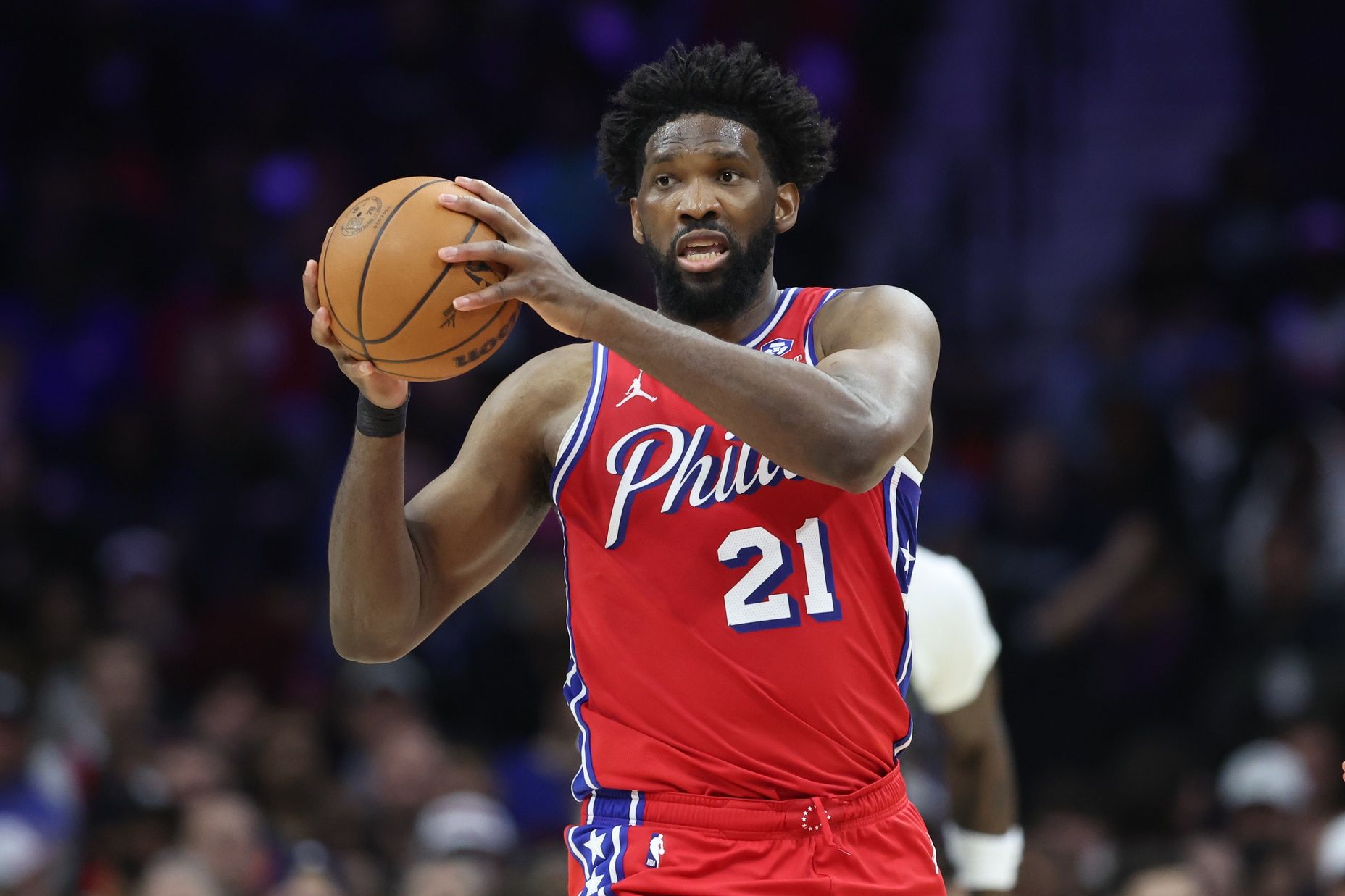 Philadelphia 76ers center Joel Embiid (21) controls the ball against the Minnesota Timberwolves during the second quarter at Xfinity Mobile Arena.