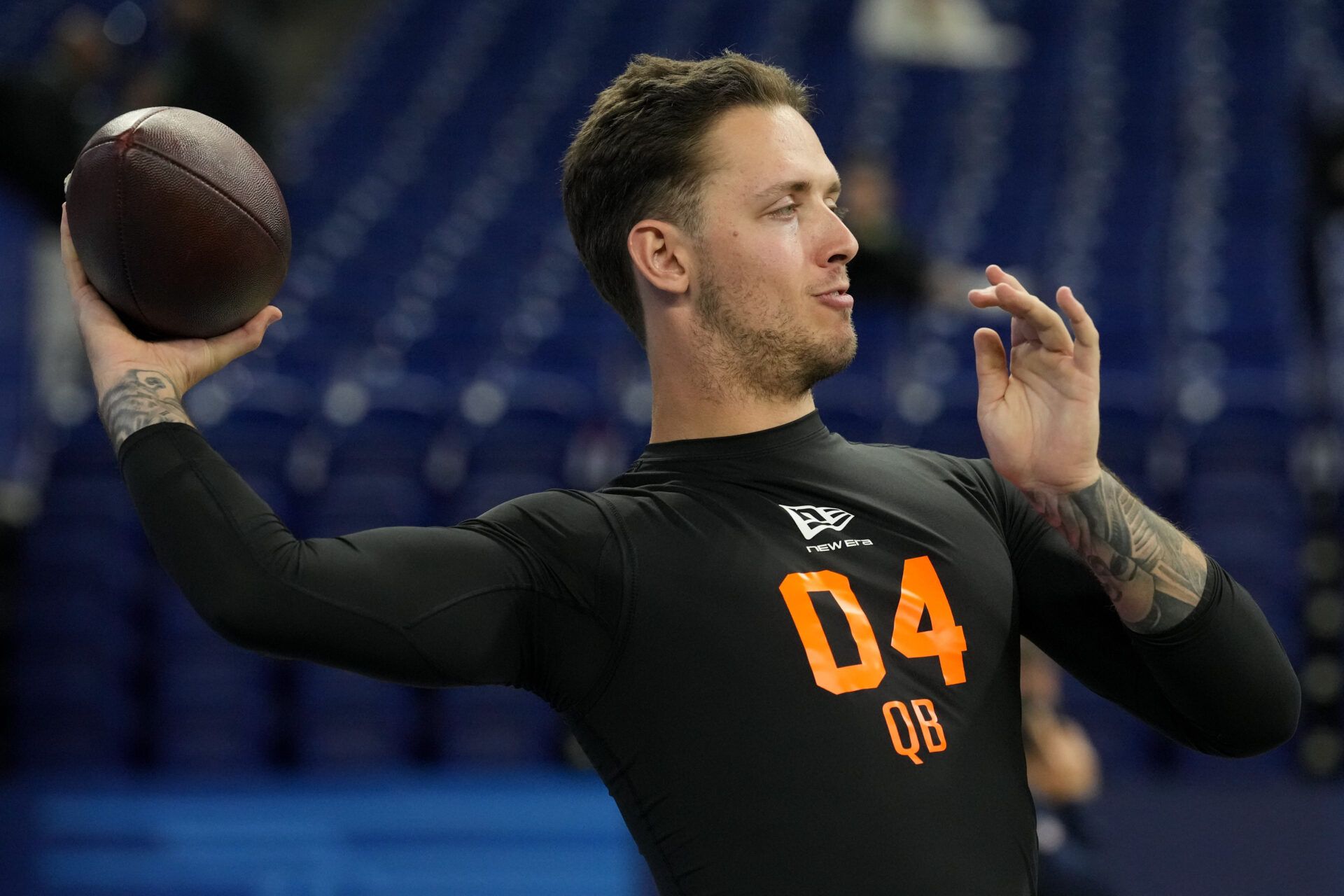 Miami quarterback Carson Beck (QB04) during the NFL Scouting Combine at Lucas Oil Stadium.