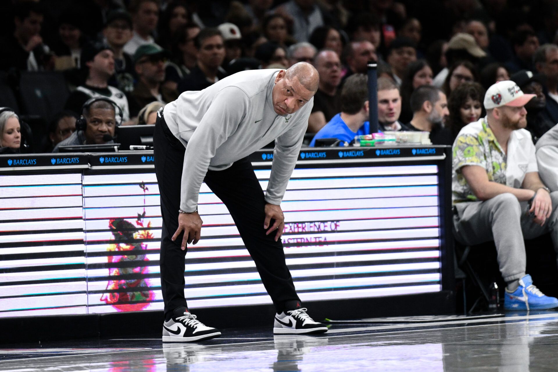 Milwaukee Bucks head coach Doc Rivers looks on during the second half against the Brooklyn Nets at Barclays Center.