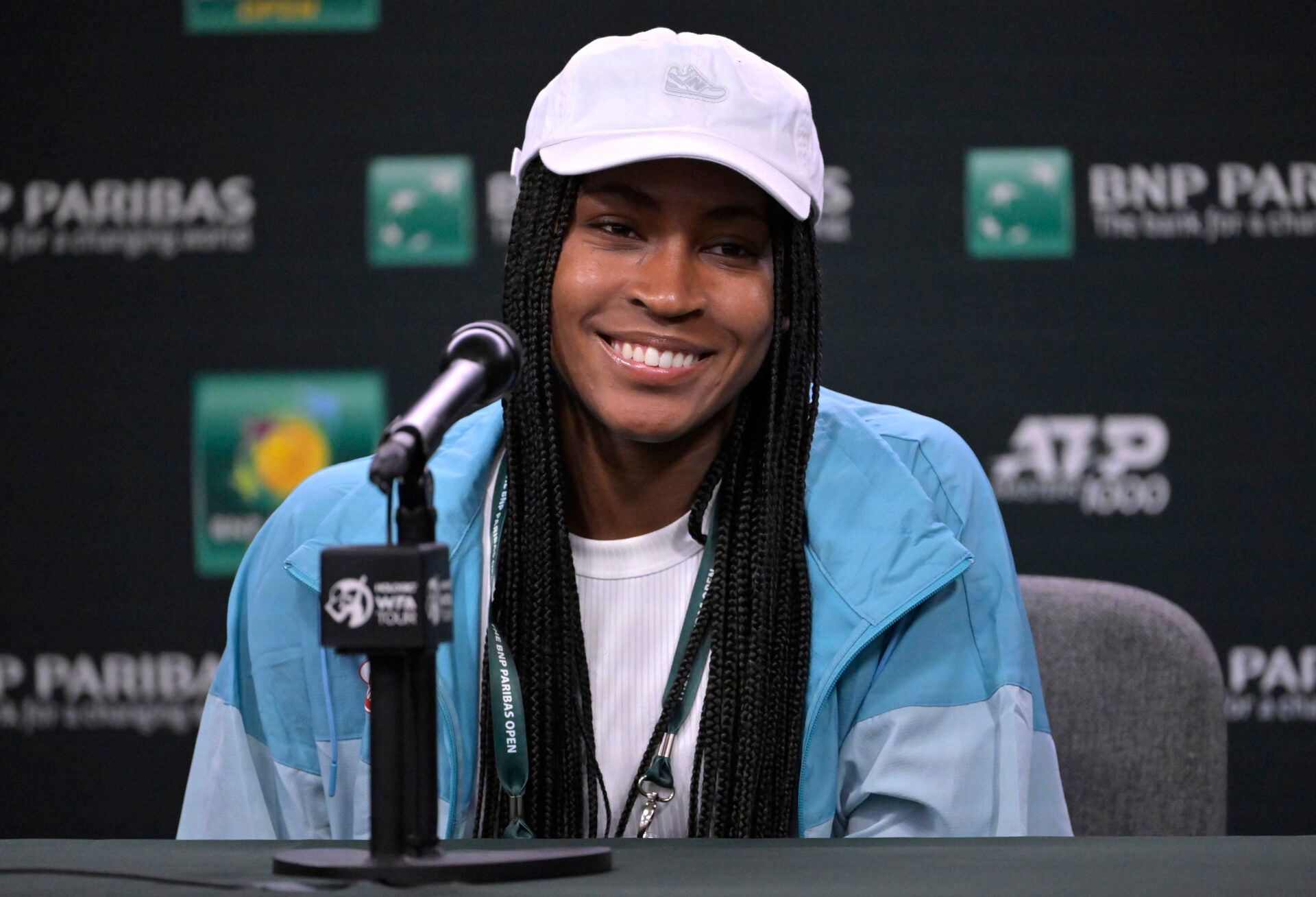 Coco Gauff (USA) speaks during a news conference at the BNP Paribas Open at the Indian Well Tennis Garden.