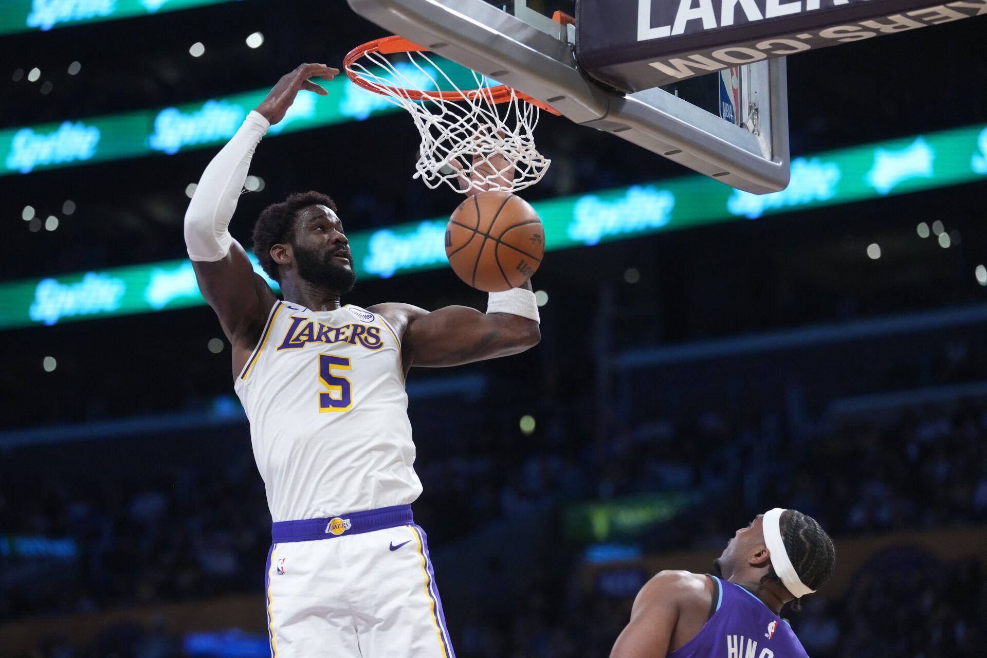 Los Angeles Lakers center Deandre Ayton (5) dunks the ball against the Utah Jazz in the first half at Crypto.com Arena.