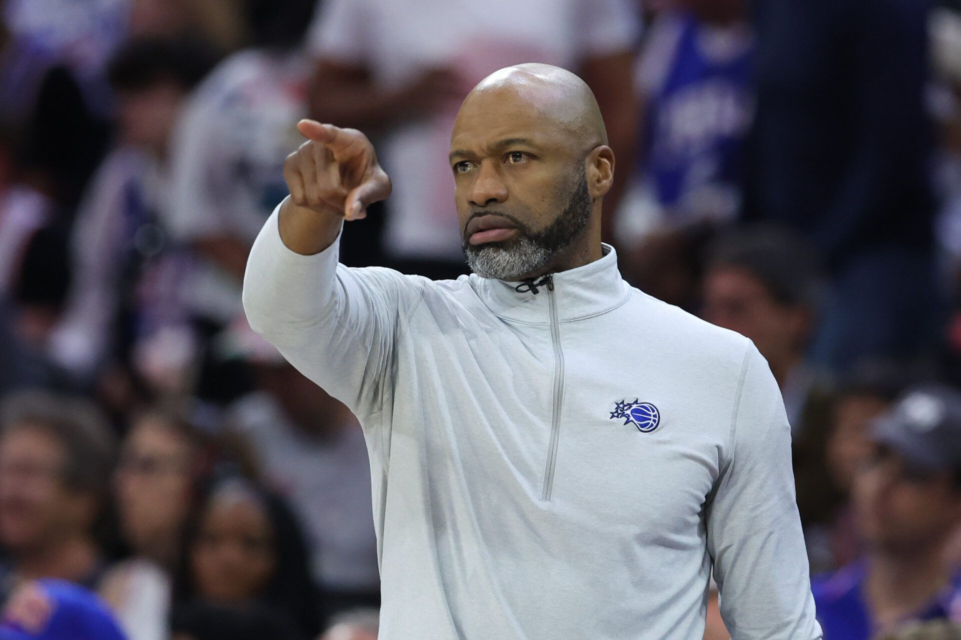 Orlando Magic head coach Jamahl Mosley reacts during the second quarter against the Philadelphia 76ers of a play-in round of the 2026 NBA Playoffs at Xfinity Mobile Arena.