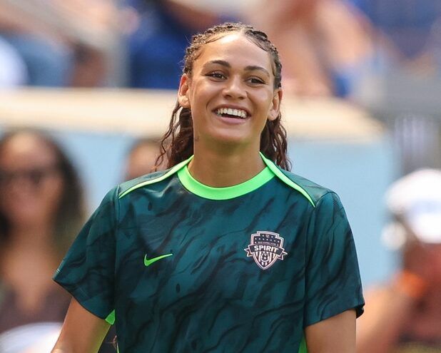 Washington Spirit forward Trinity Rodman (2) warms up before the match against Gotham FC at Sports Illustrated Stadium.