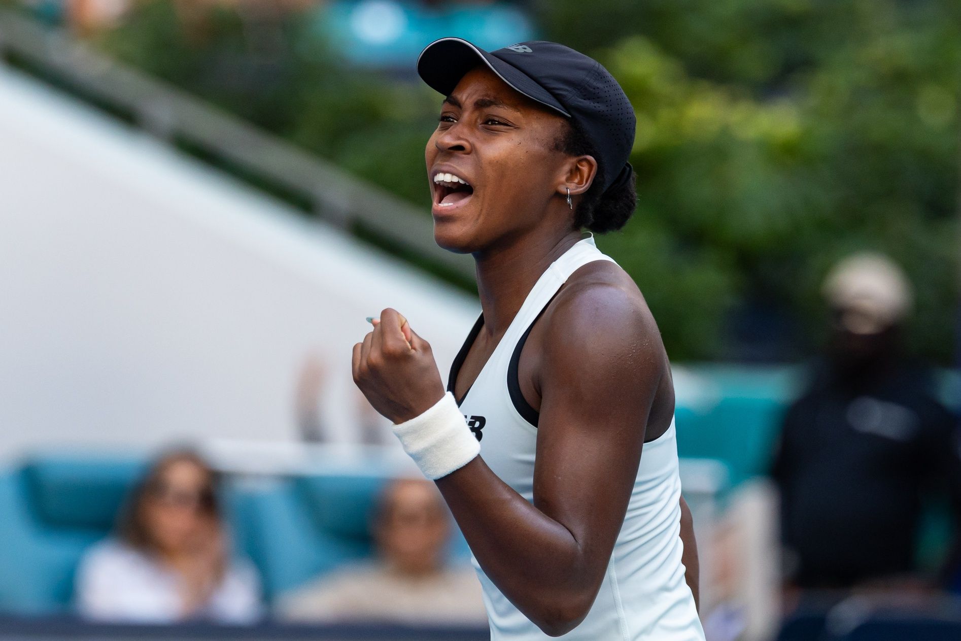 Coco Gauff of the United States celebrates during her match against Aryna Sabalenka of Belarus in the final of the women’s singles at the Hard Rock Stadium.