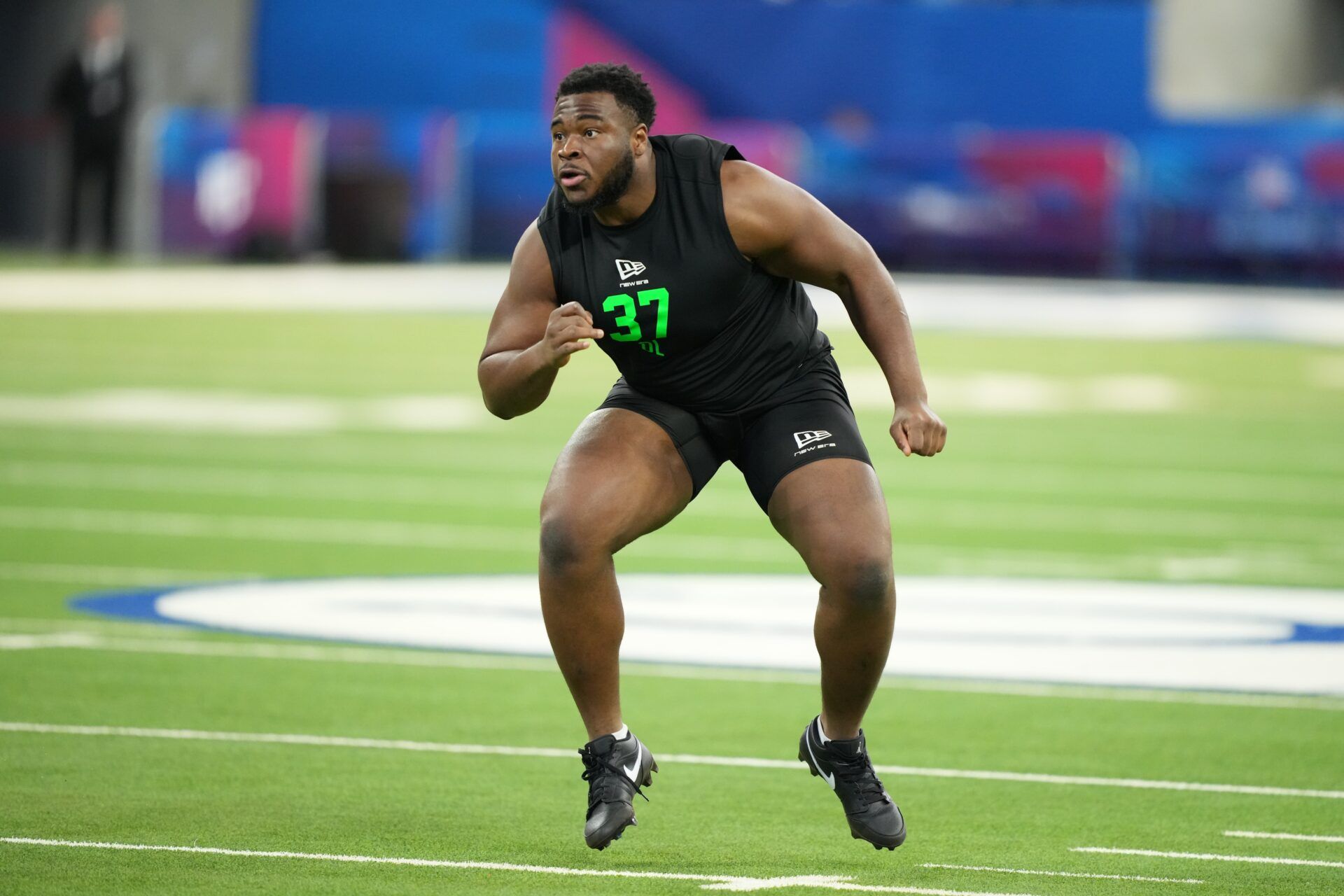 Oklahoma offensive lineman Febechi Nwaiwu (OL37) during the NFL Scouting Combine at Lucas Oil Stadium.