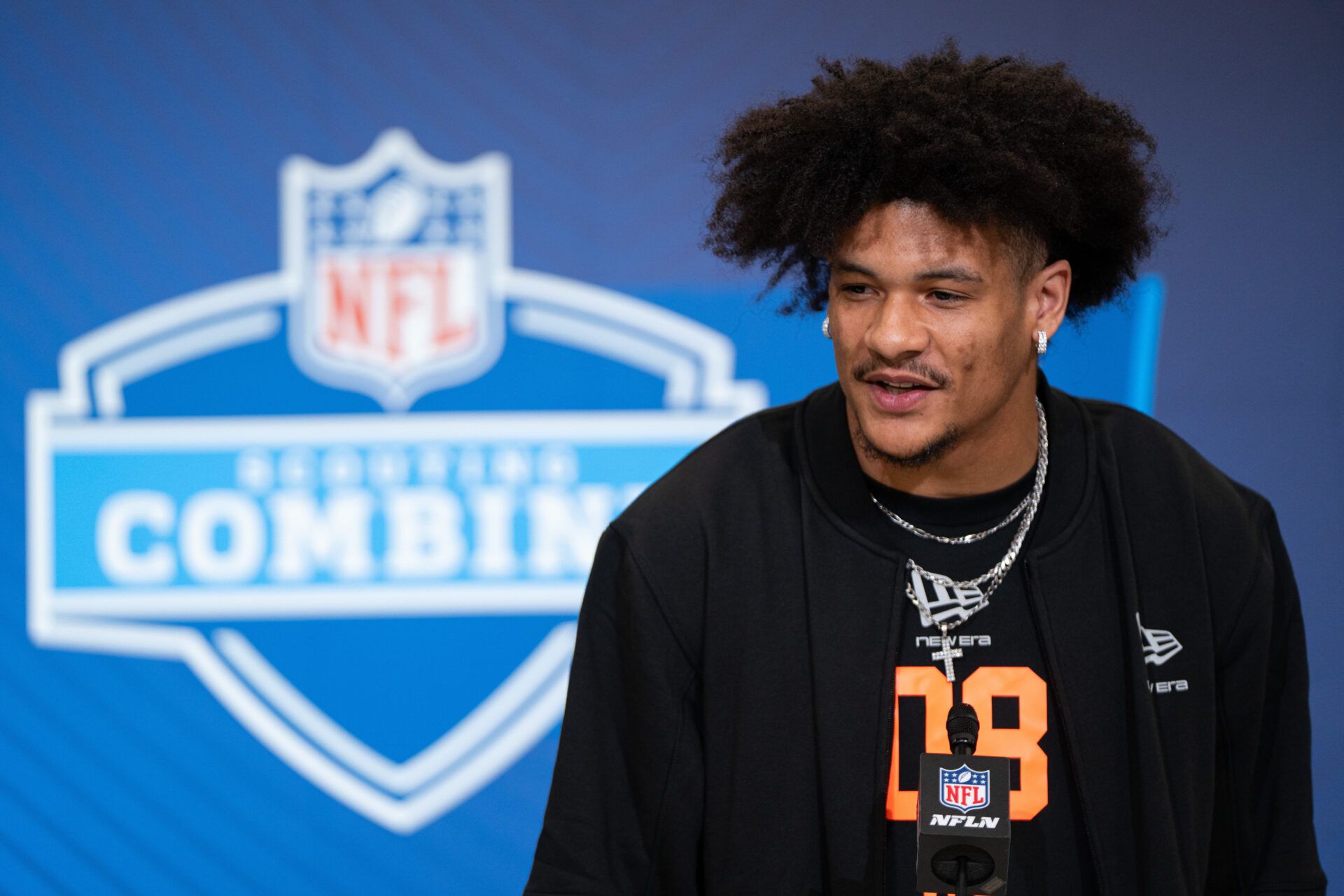 Washington wideout Denzel Boston (WO08) speaks to members of the media during the NFL Combine at the Indiana Convention Center.