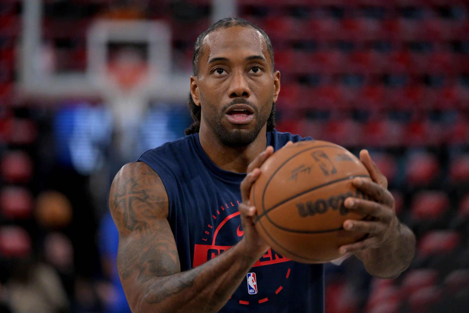 Los Angeles Clippers forward Kawhi Leonard (2) warms up prior to the game against the Golden State Warriors in the play-in rounds of the 2026 NBA Playoffs at Intuit Dome.