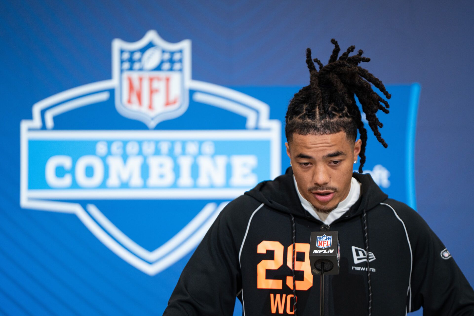 Southern California wideout Makai Lemon (WO29) speaks to members of the media during the NFL Combine at the Indiana Convention Center.