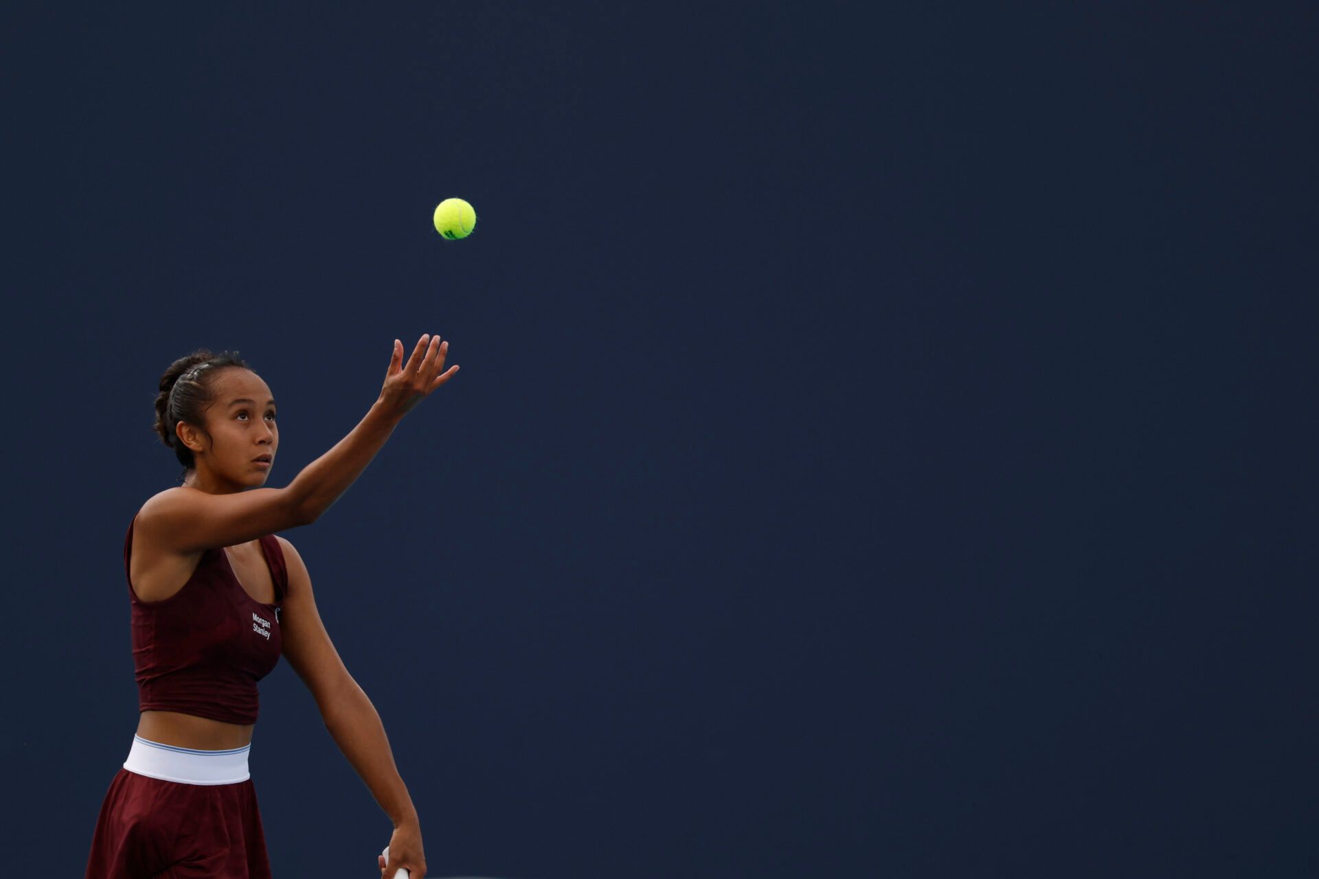 Leylah Fernandez (CAN) serves against Oksana Selekhmeteva (not pictured) on day five of the 2026 Miami Open at Hard Rock Stadium.