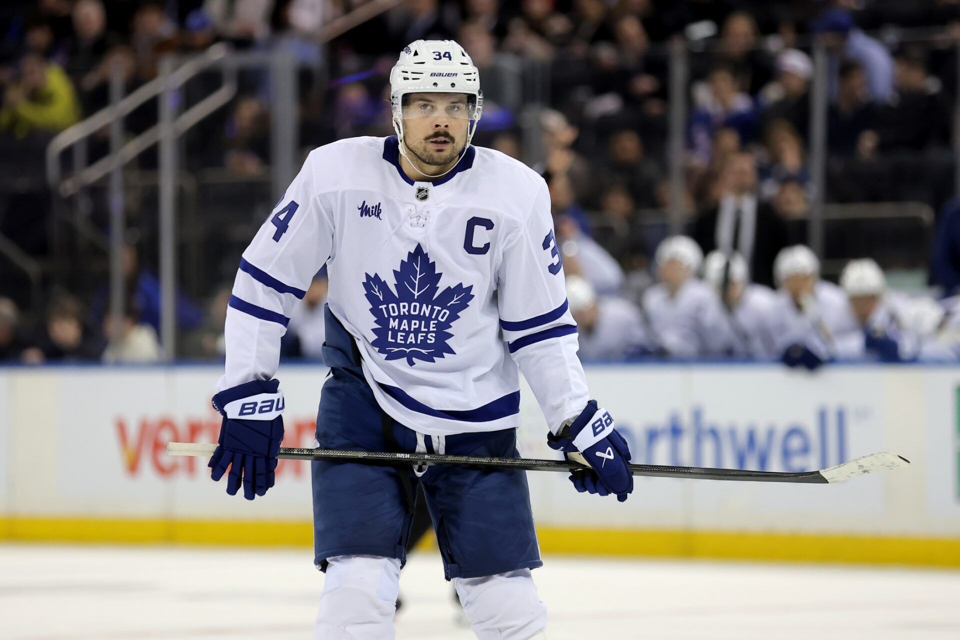 Toronto Maple Leafs center Auston Matthews (34) skates against the New York Rangers during the third period at Madison Square Garden.