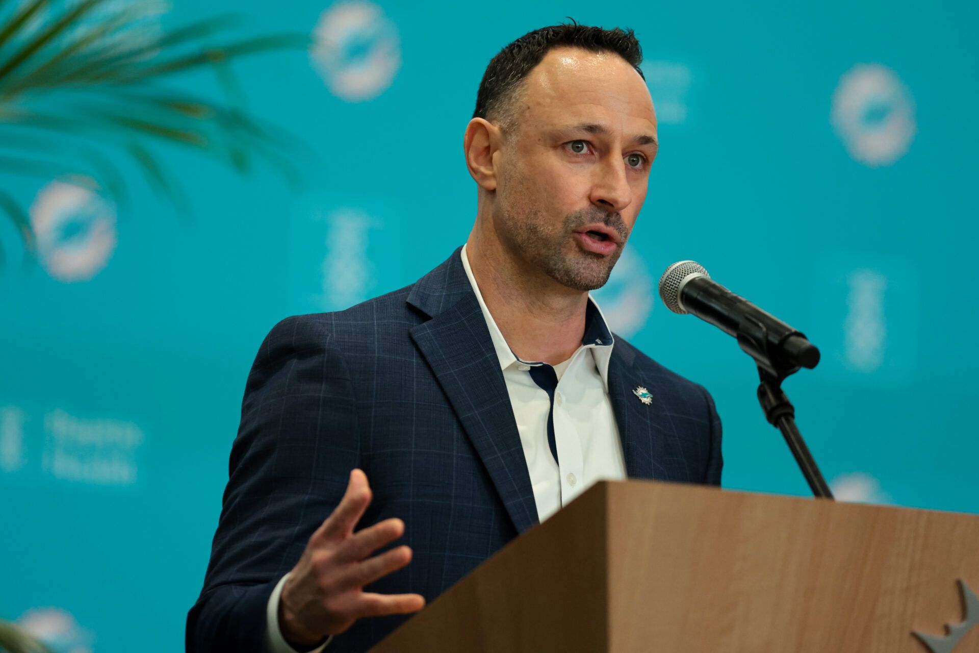 Miami Dolphins general manager Jon-Eric Sullivan speaks to reporters during his introductory press conference at Baptist Health Training Complex.