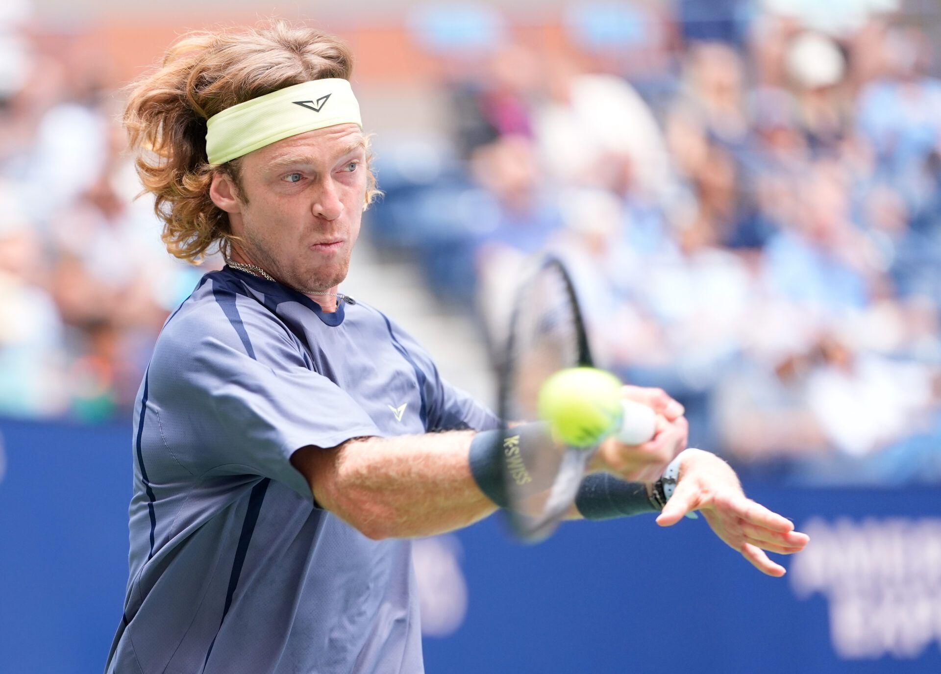 Andrey Rublev hits to Felix Auger-Aliassime (CAN) (not pictured) on day nine of the 2025 U.S. Open tennis tournament at the USTA Billie Jean King National Tennis Center.