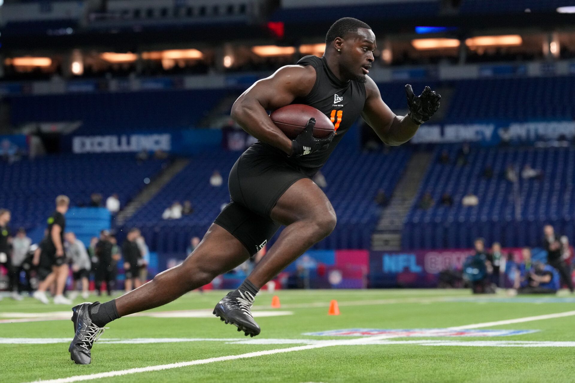 Notre Dame running back Jeremiyah Love (RB11) during the NFL Scouting Combine at Lucas Oil Stadium.