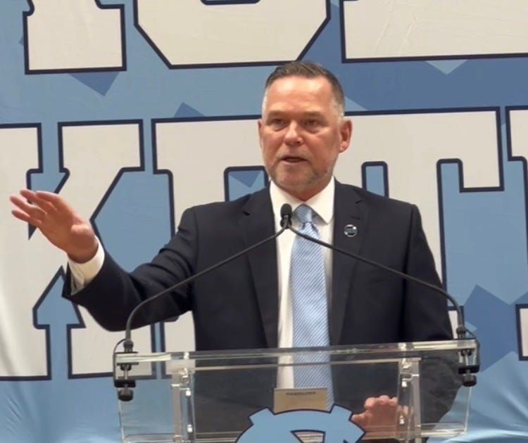UNC basketball coach Michael Malone during his first press conference inside the Smith Center on Tuesday, April 7, 2026.