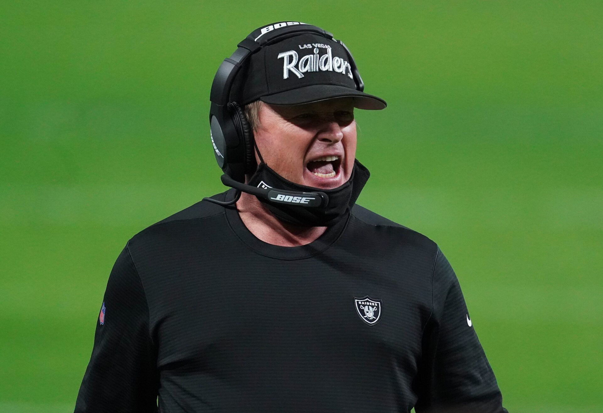 Las Vegas Raiders head coach Jon Gruden watches game action against the Kansas City Chiefs during the first half at Allegiant Stadium.