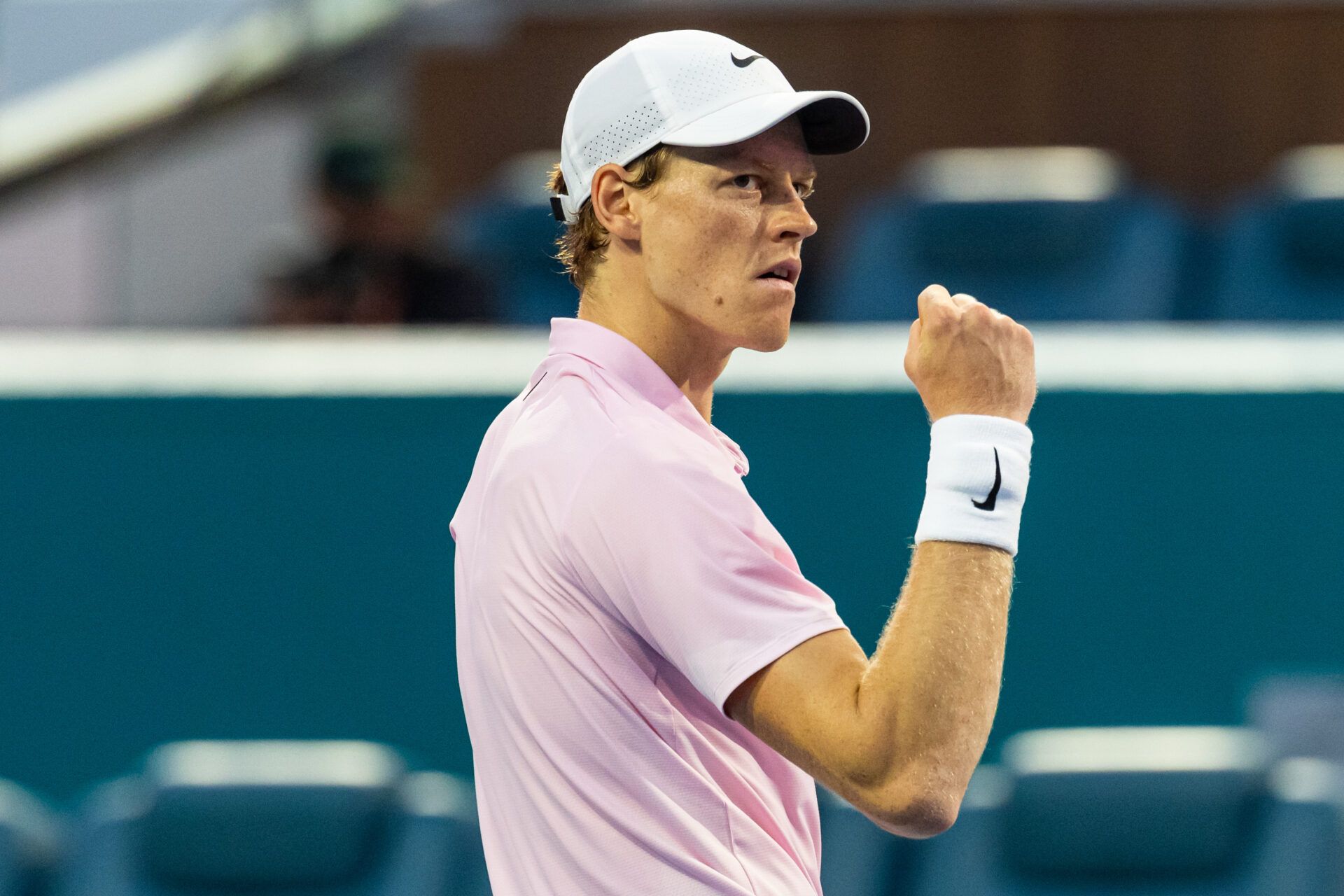 Jannik Sinner of Italy celebrates during his match against Jiri Lehecka of the Czech Republic after beating him in the final of the men’s singles at the Miami Open at the Hard Rock Stadium.