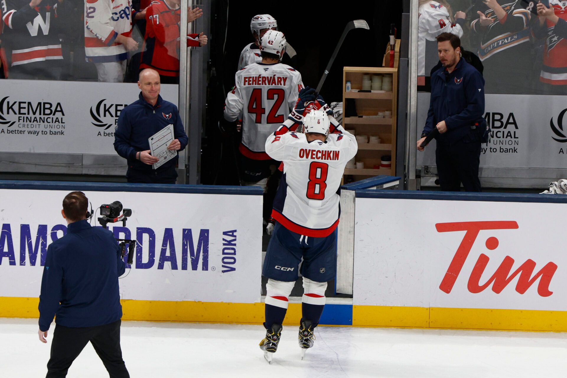 Washington Capitals left wing Alex Ovechkin (8) salutes the fans as he leaves the ice after the game against the Columbus Blue Jackets at Nationwide Arena.