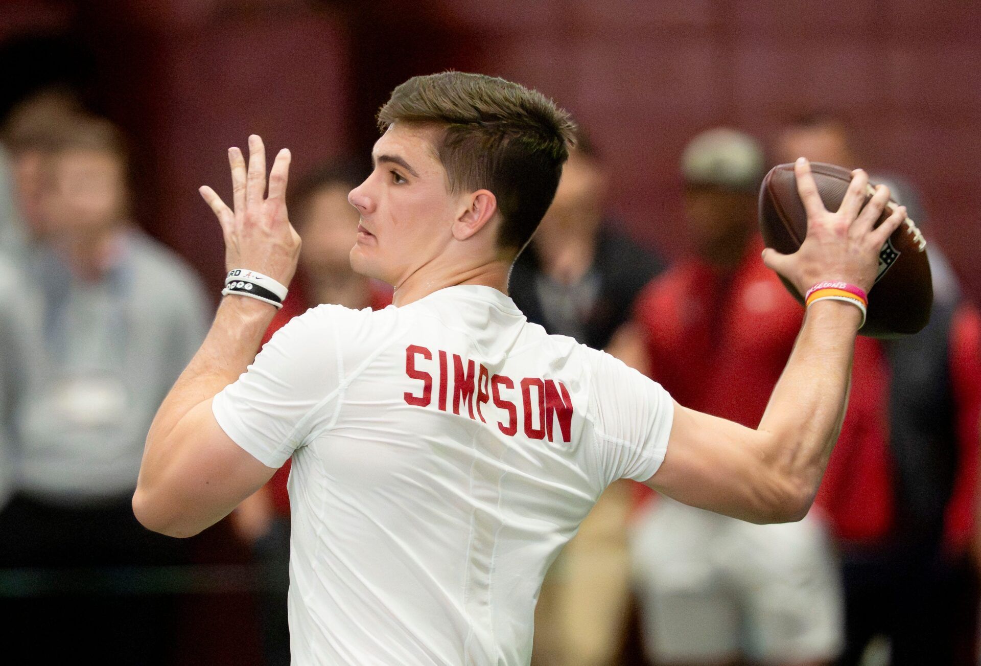 Quarterback Ty Simpson throws during Pro Day in the Hank Crisp Indoor Practice Facility at the University of Alabama.