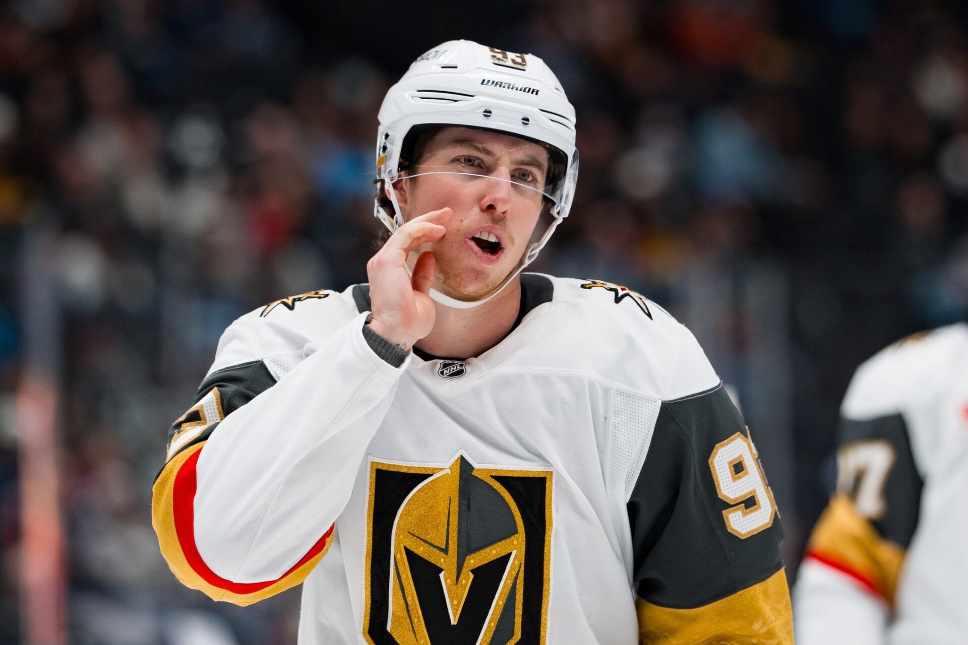 Vegas Golden Knights forward Mitch Marner (93) during a stop in play against the Vancouver Canucks in the third period at Rogers Arena.