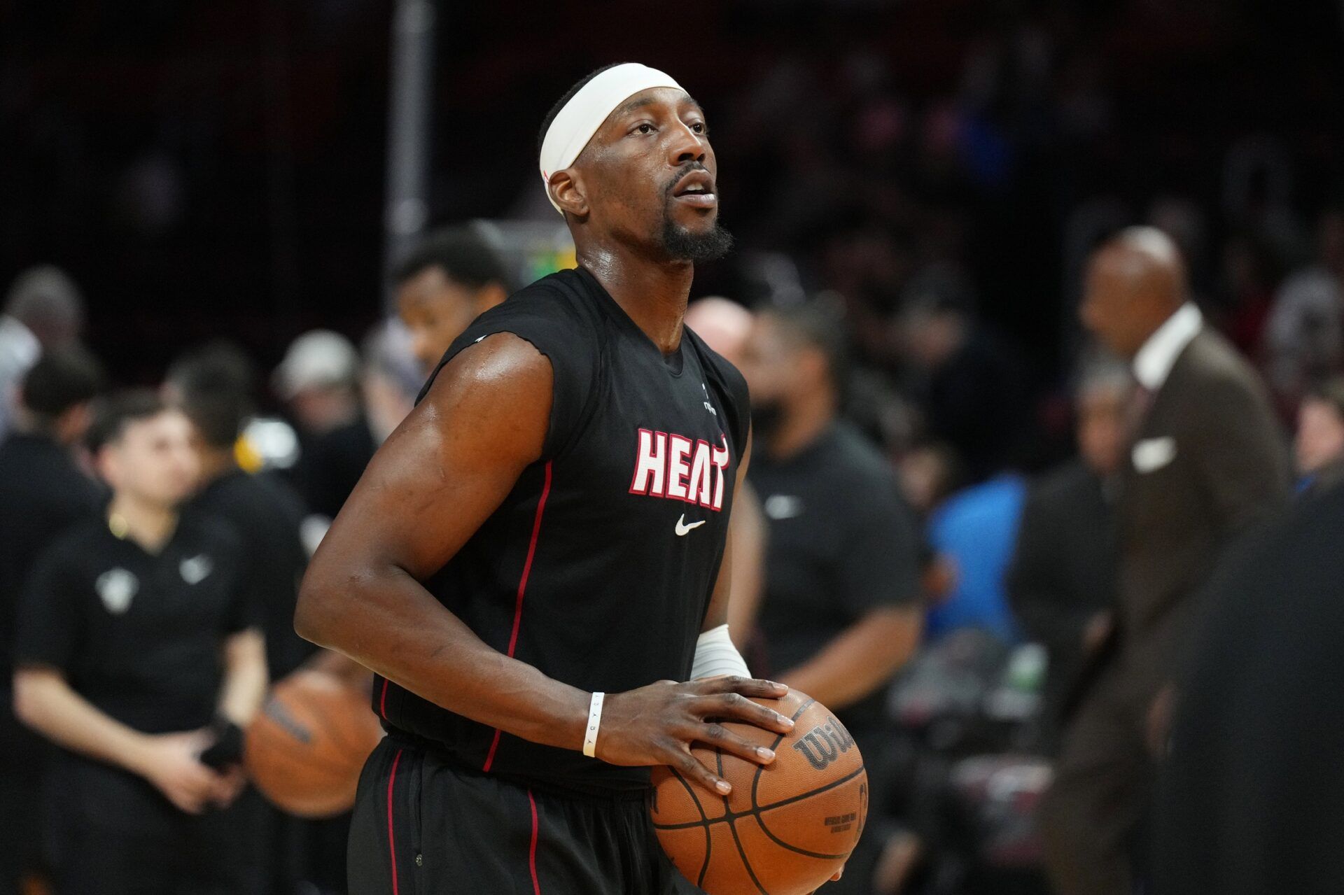Miami Heat center Bam Adebayo (13) warms-up before a game against the Atlanta Hawks at Kaseya Center.