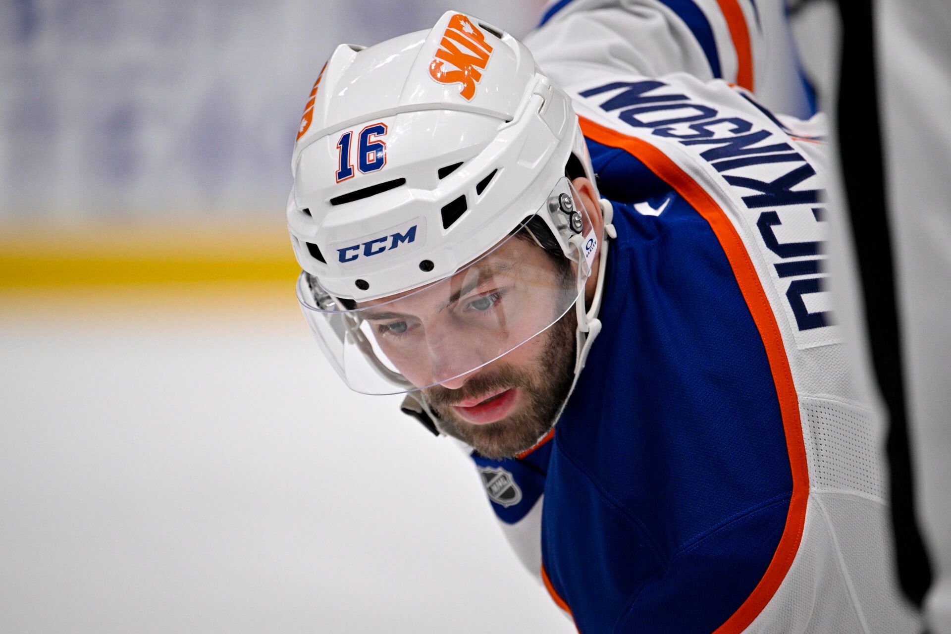 Edmonton Oilers center Jason Dickinson (16) waits for the face-off during the game between the Stars and the Oilers at the American Airlines Center.