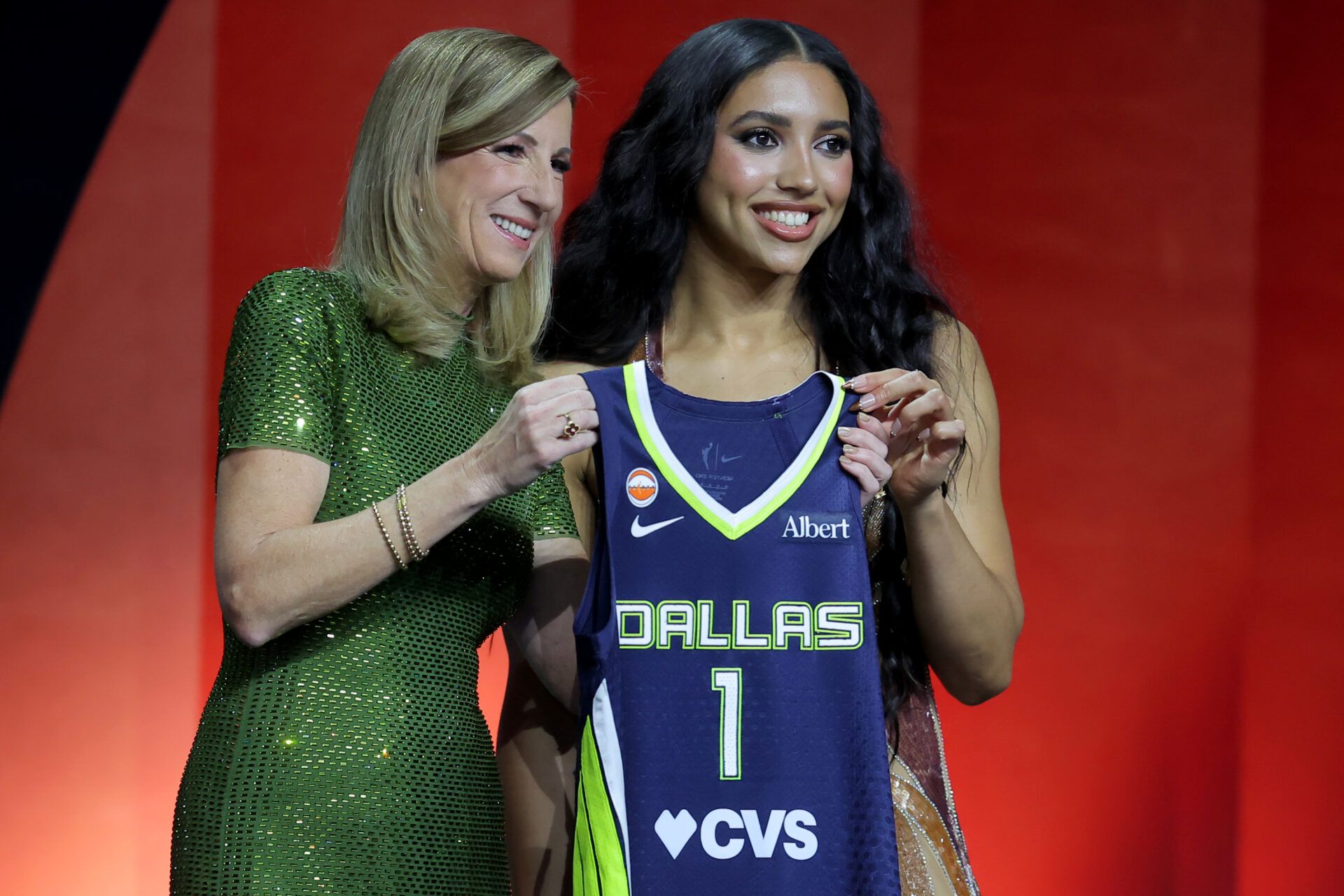WNBA Commissioner Cathy Engelbert (left) poses for photos with Azzi Fudd who was selected first overall by the Dallas Wings during the 2026 WNBA Draft at The Shed at Hudson Yards.