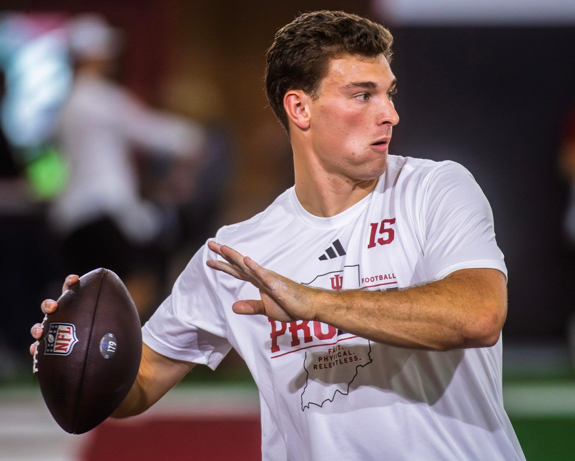 Fernando Mendoza participates in Indiana University's Pro Day at Mellencamp Pavilion on Wednesday, April 1, 2026.