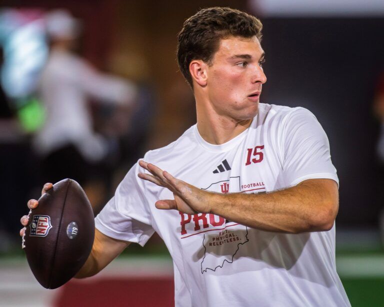 Fernando Mendoza participates in Indiana University's Pro Day at Mellencamp Pavilion on Wednesday, April 1, 2026.