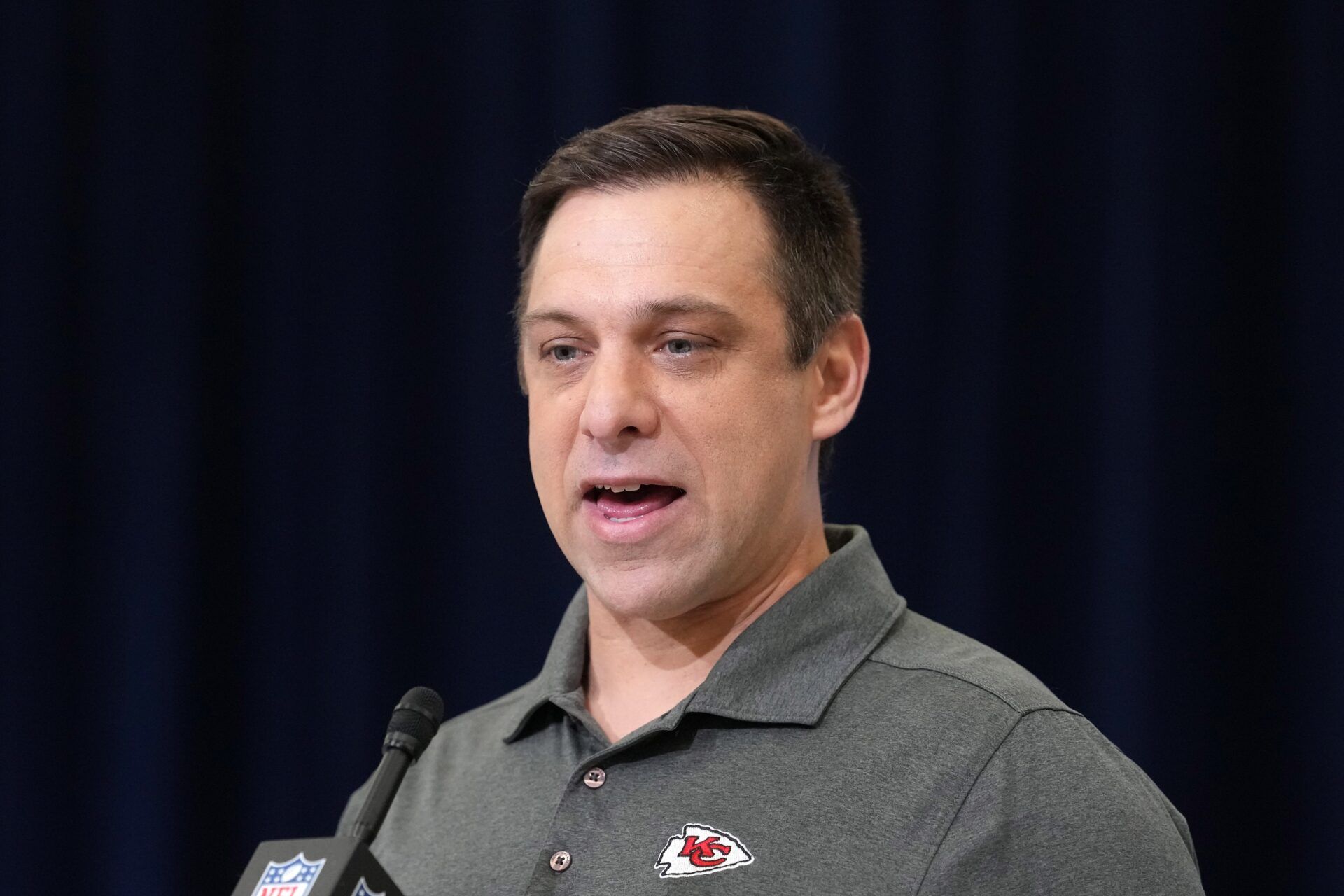 Kansas City Chiefs general manager Brett Veach speaks at the NFL Scouting Combine at the Indiana Convention Center.