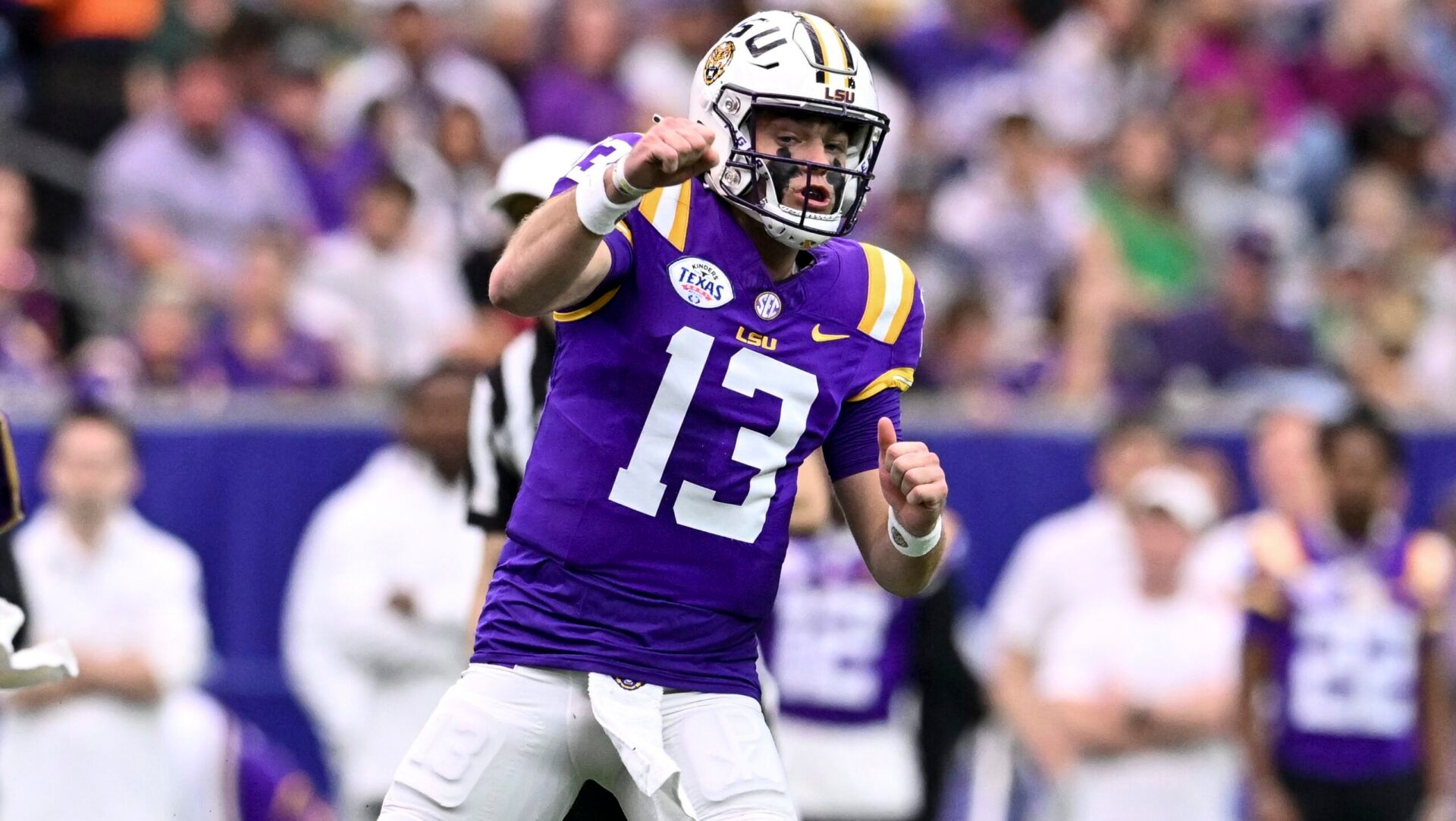 LSU Tigers quarterback Garrett Nussmeier (13) reacts during the first quarter against the Baylor Bears at NRG Stadium.