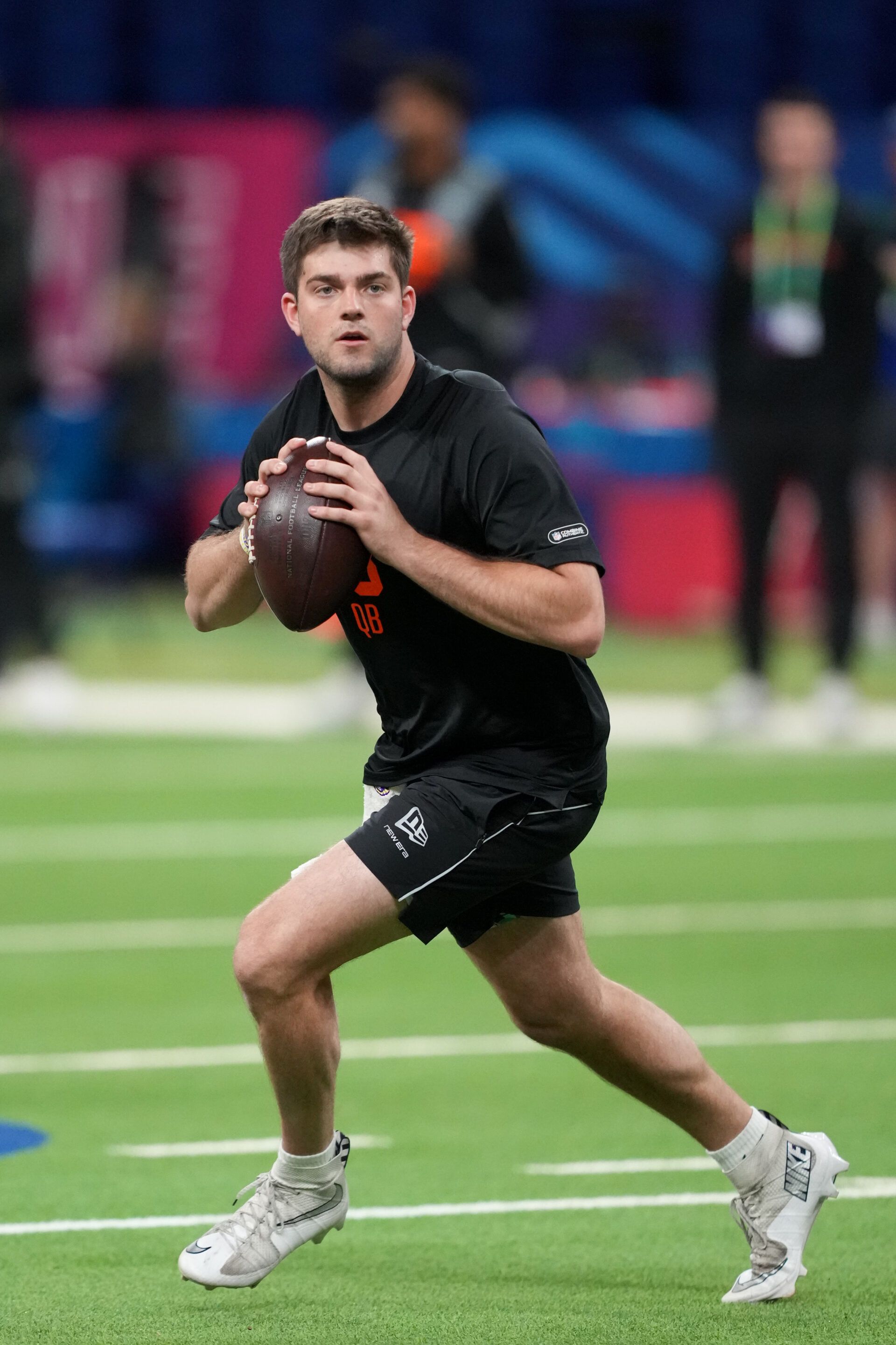 LSU quarterback Garrett Nussmeier (QB13) during the NFL Scouting Combine at Lucas Oil Stadium.