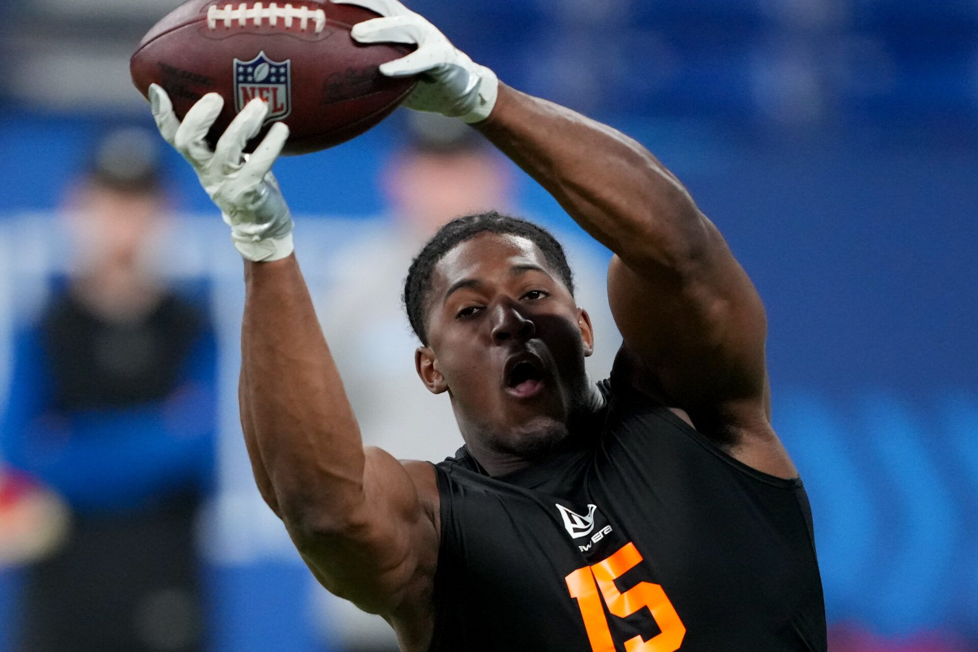 Notre Dame running back Jadarian Price (RB15) during the NFL Scouting Combine at Lucas Oil Stadium.