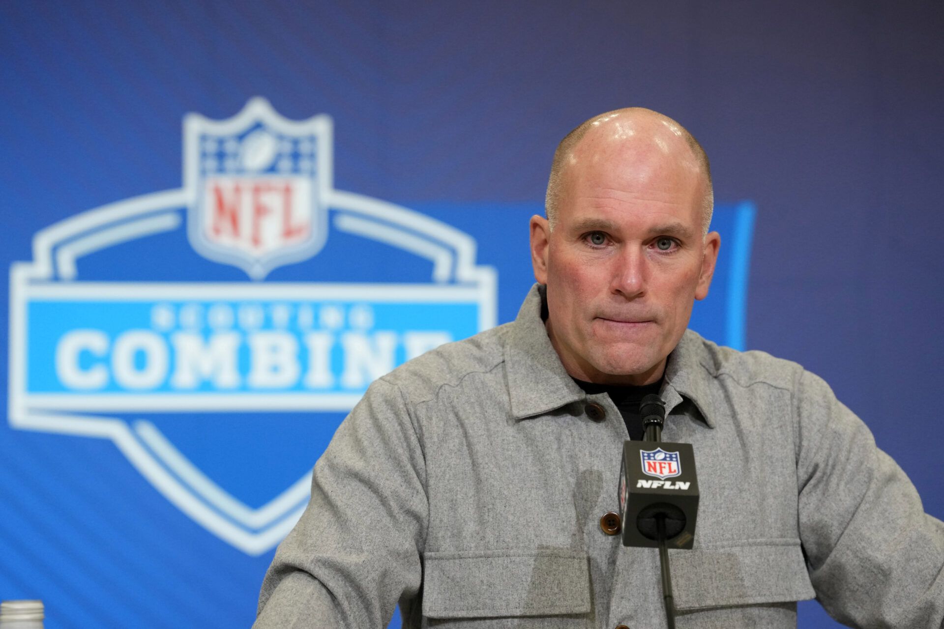 Baltimore Ravens general manager Eric DeCosta speaks at the NFL Scouting Combine at the Indiana Convention Center.