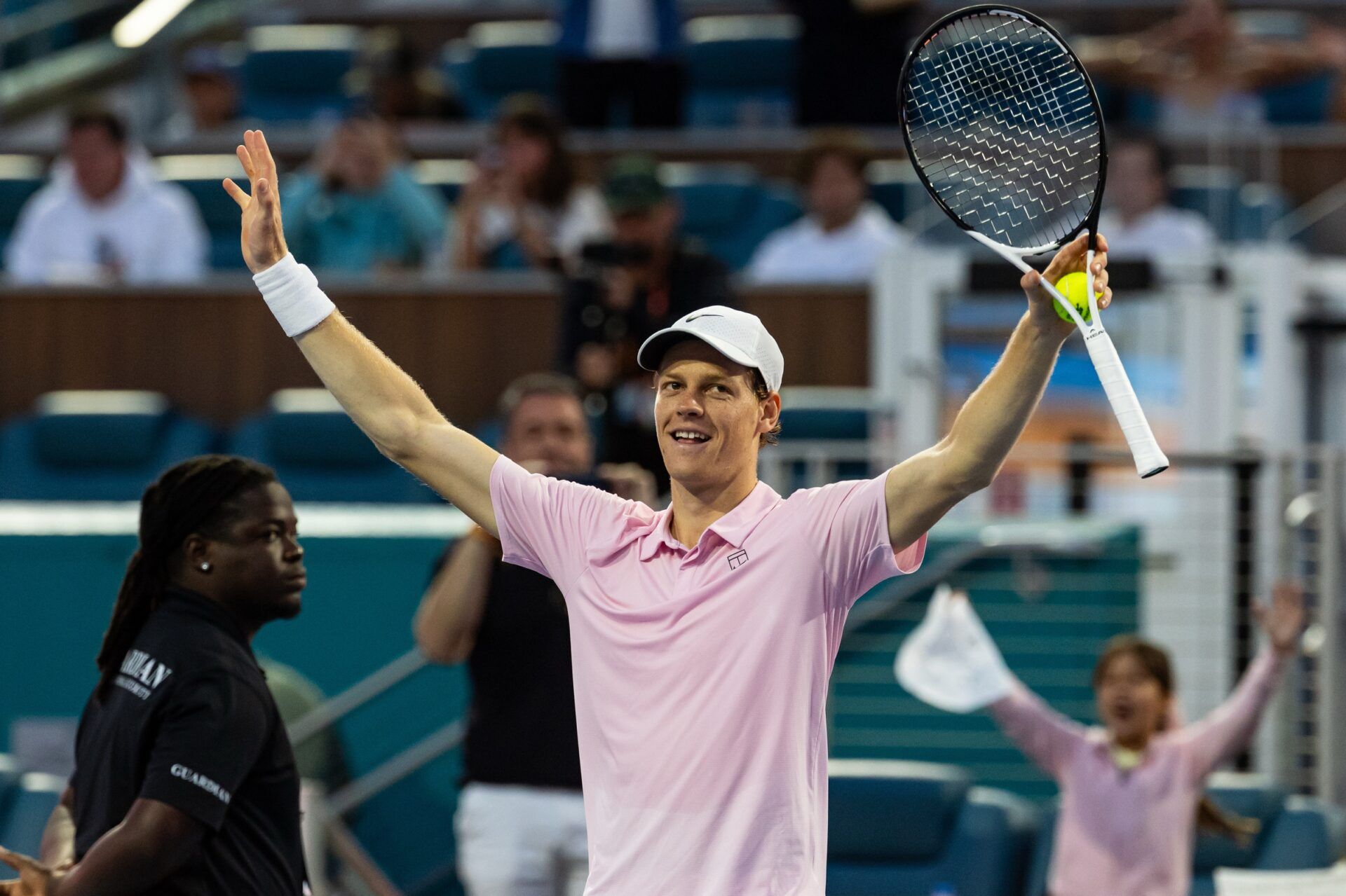 Jannik Sinner of Italy celebrates his victory over Jiri Lehecka of the Czech Republic in the final of the men’s singles at the Miami Open at the Hard Rock Stadium.