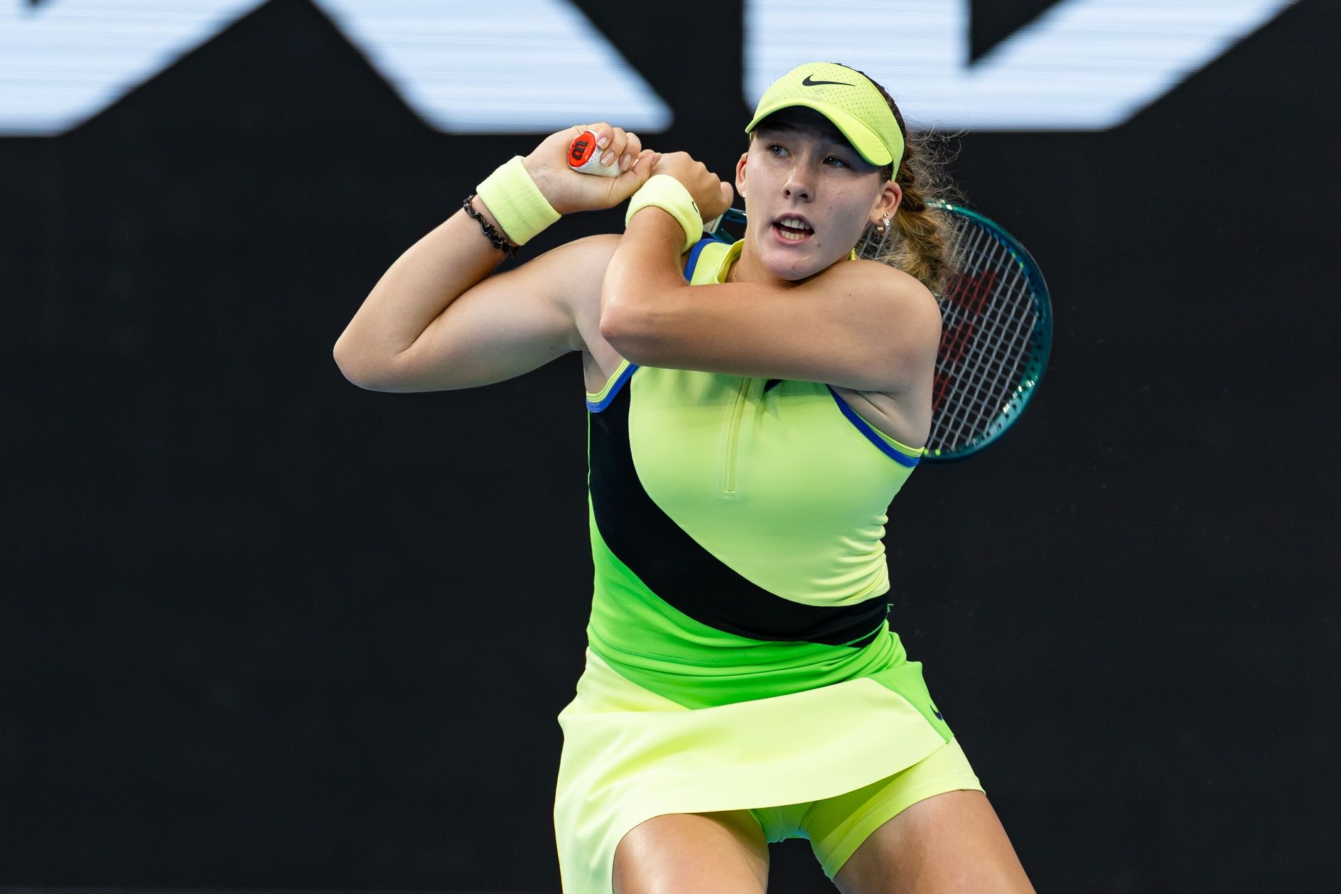 Mirra Andreeva in action against Donna Vekic of Croatia in the first round of the women’s singles at the Australian Open at Margaret Court Arena in Melbourne Park.