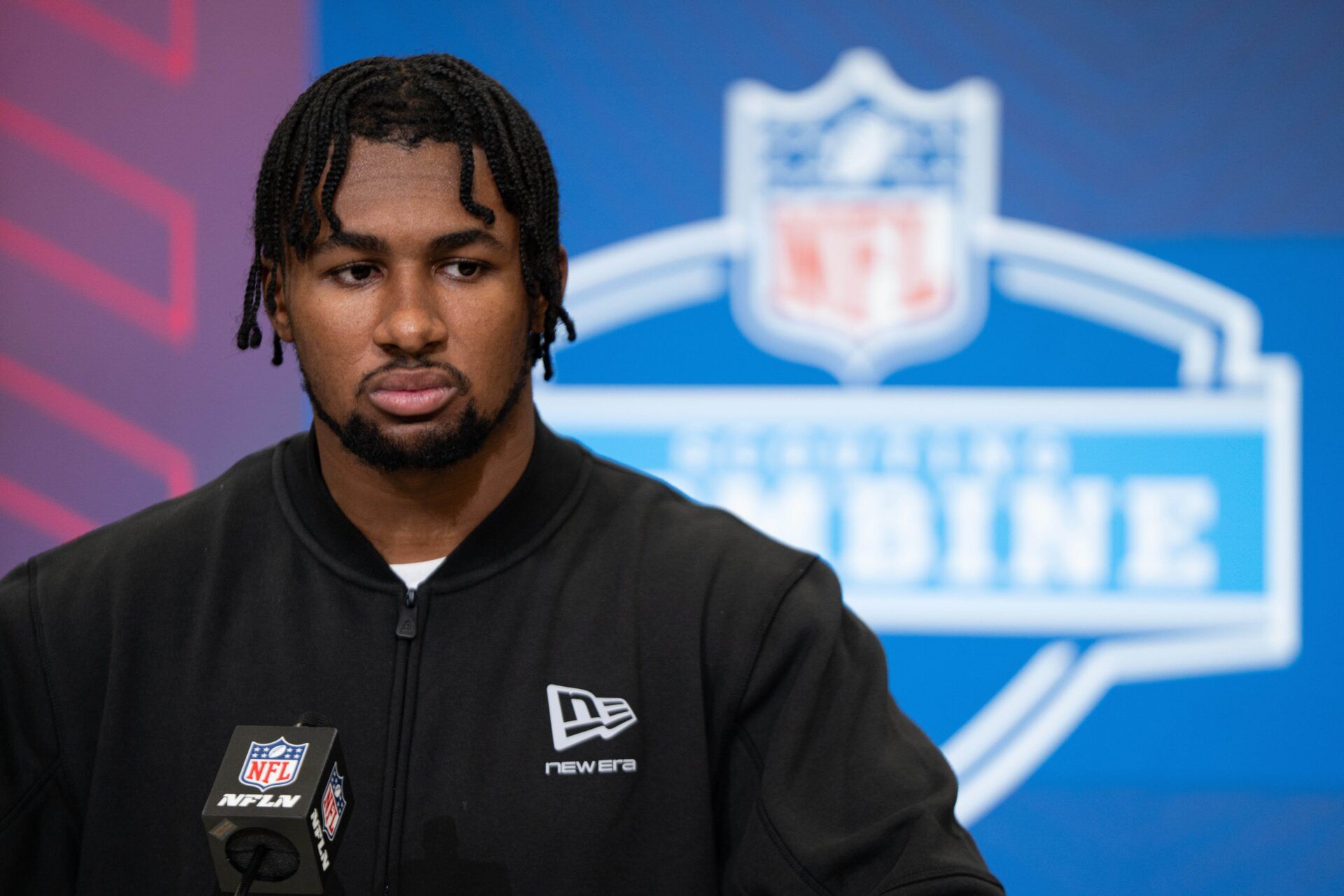 Penn State running back Nick Singleton (RB18) speaks to members of the media during the NFL Combine at the Indiana Convention Center.