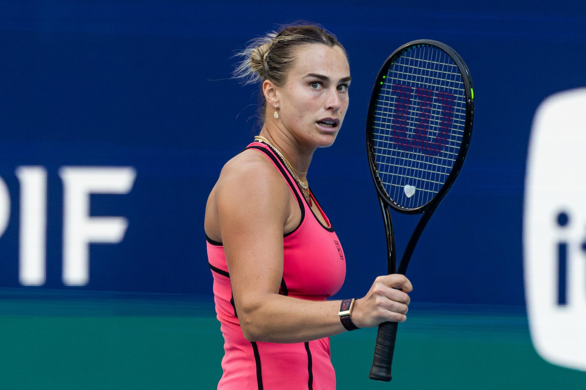 Aryna Sabalenka of Belarus reacts during her match against Coco Gauff of the United States in the final of the women’s singles at the Hard Rock Stadium.