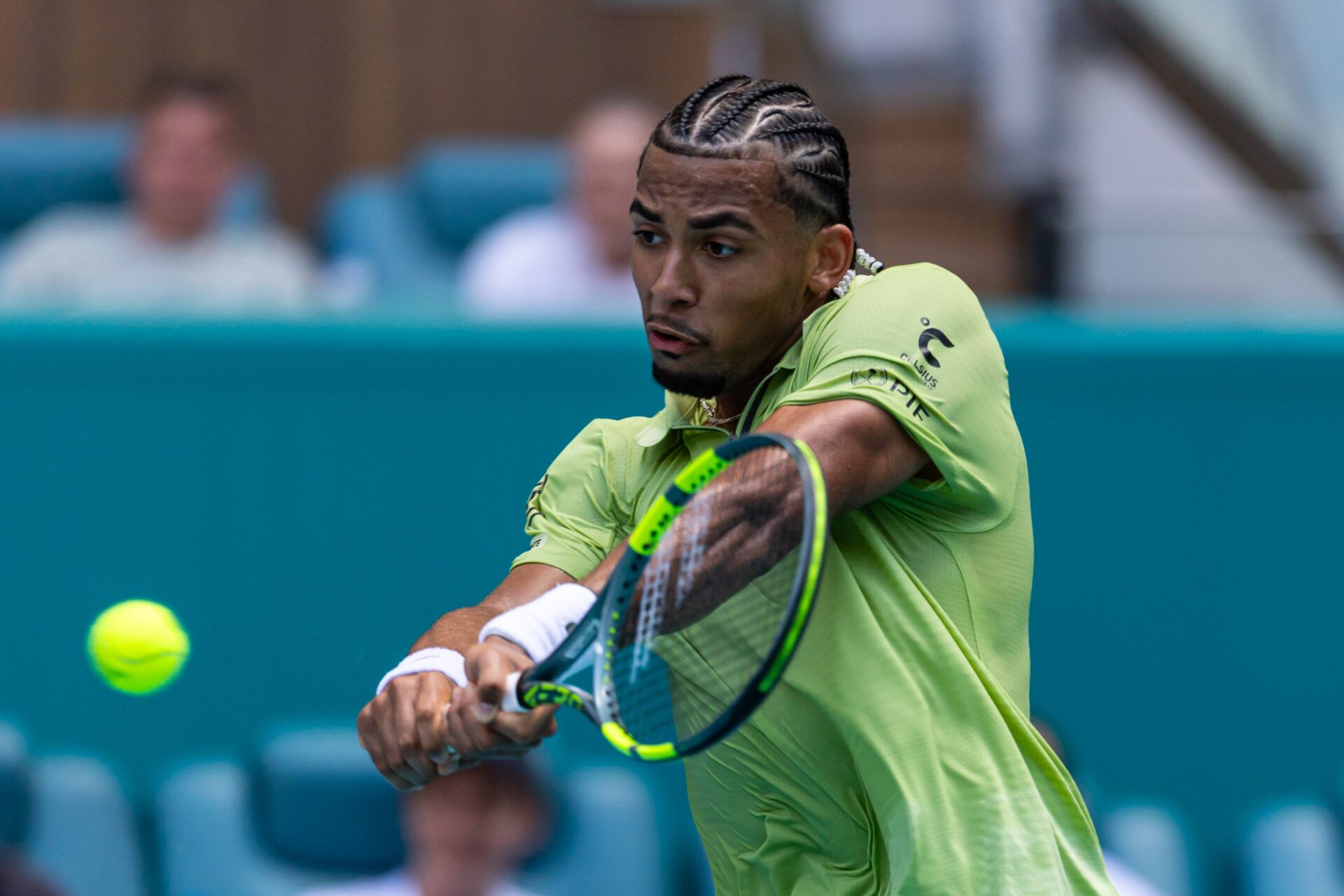 Arthur Fils of France hits a backhand against Jiri Lehecka of the Czech Republic in the semi-finals of the men’s singles at the Miami Open at the Hard Rock Stadium.