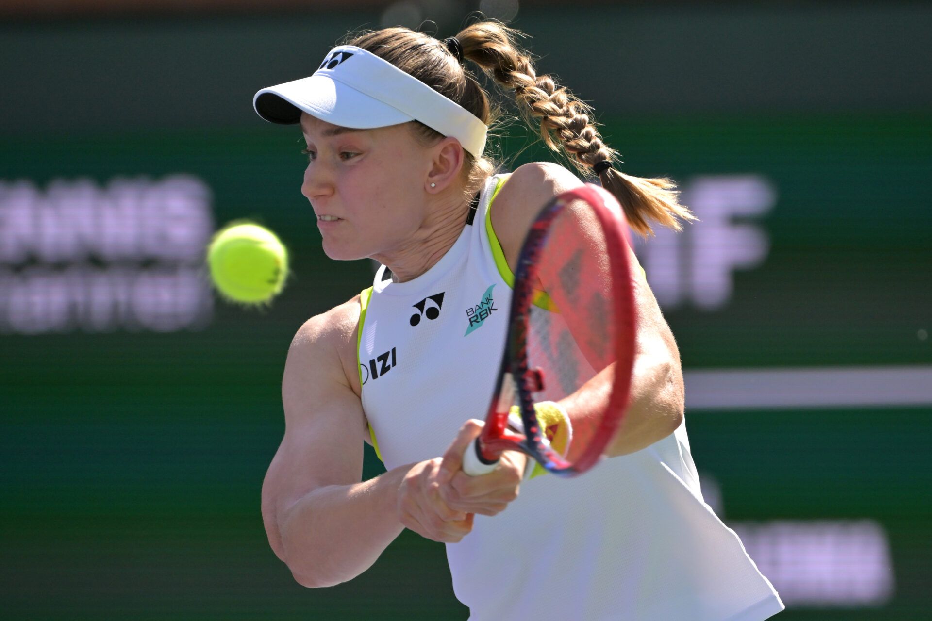 Elena Rybakina (KAZ) hits a shot against Aryna Sabalenka (BEL) during  the womenÕs final in the BNP Paribas Open at the Indian Wells Tennis Garden.