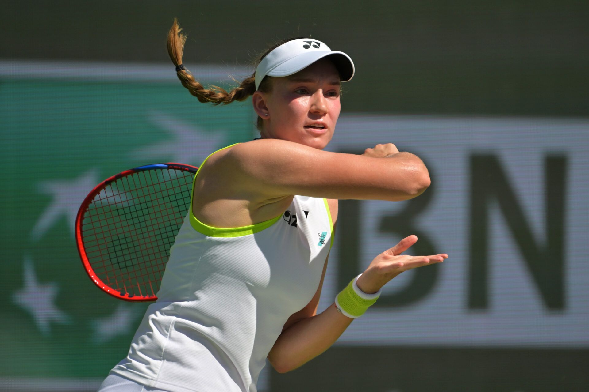Elena Rybakina (KAZ)  hist a shot against Aryna Sabalenka (BEL) during  the womenÕs final in the BNP Paribas Open at the Indian Wells Tennis Garden.