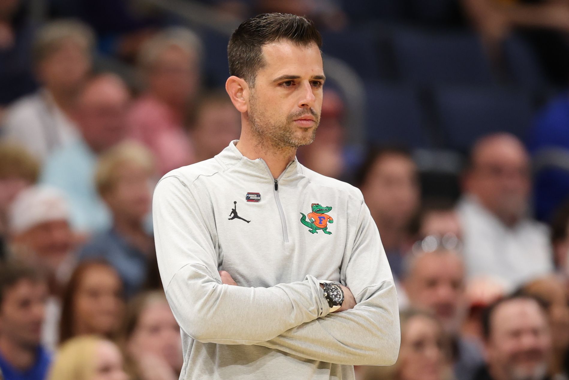 Florida Gators head coach Todd Golden looks on against the Iowa Hawkeyes in the first half during a second round game of the men's 2026 NCAA Tournament at Benchmark International Arena.