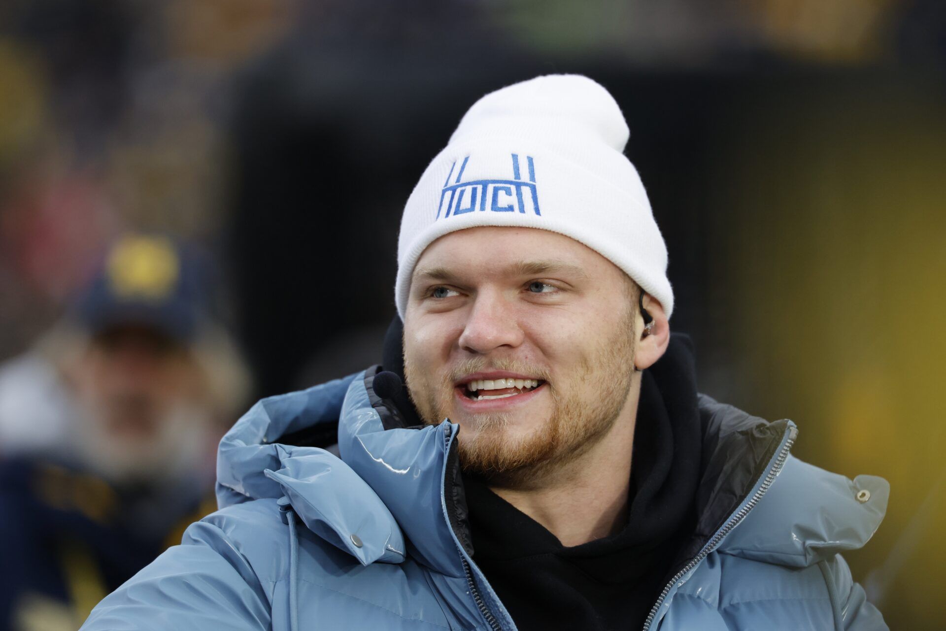 (Editors Notes: Caption Correction)  Detroit lions defensive end Aidan Hutchinson attends the game between the Michigan Wolverines and the Ohio State Buckeyes  at Michigan Stadium.